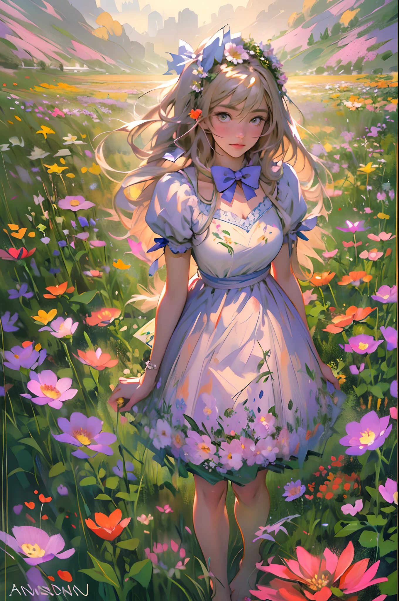 alice in the wonderland, (A bow on the head:1.1), Upper body，There is a girl standing in a flower field looking up at the sky, A girl standing in a flower field, A girl walks in a flower field, Get lost in a fantastic wonderland, standing in flower field, dreamlike digital painting, The sky is gradually clearing, The starry sky gradually receded，(Monet, Impresionismo, Oil painting), Barefoot，Barefoot，03