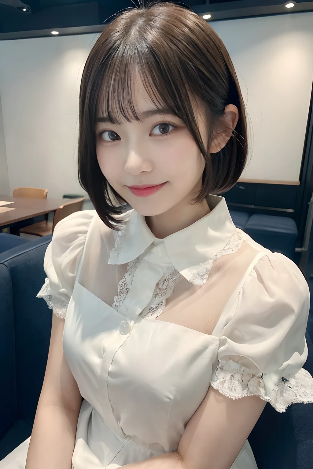 (64k uhd、nffsw、top-quality、​masterpiece:1.2)、(realisitic、Photorealsitic:1.37)、ultra-detailliert、女の子 1 人、cute little、独奏、Beautiful detailed sky、Detailed Cafe、natta、sitting on、date、(Nasal blush) )、(A smile:1.15)、(a closed mouth)small tits、Beautiful fine eyes、(shirt with collar:1.1)、natta、Wet、Transaction service、A smile、White lace、(short-hair:1.2)、Float NovaFrogStyle