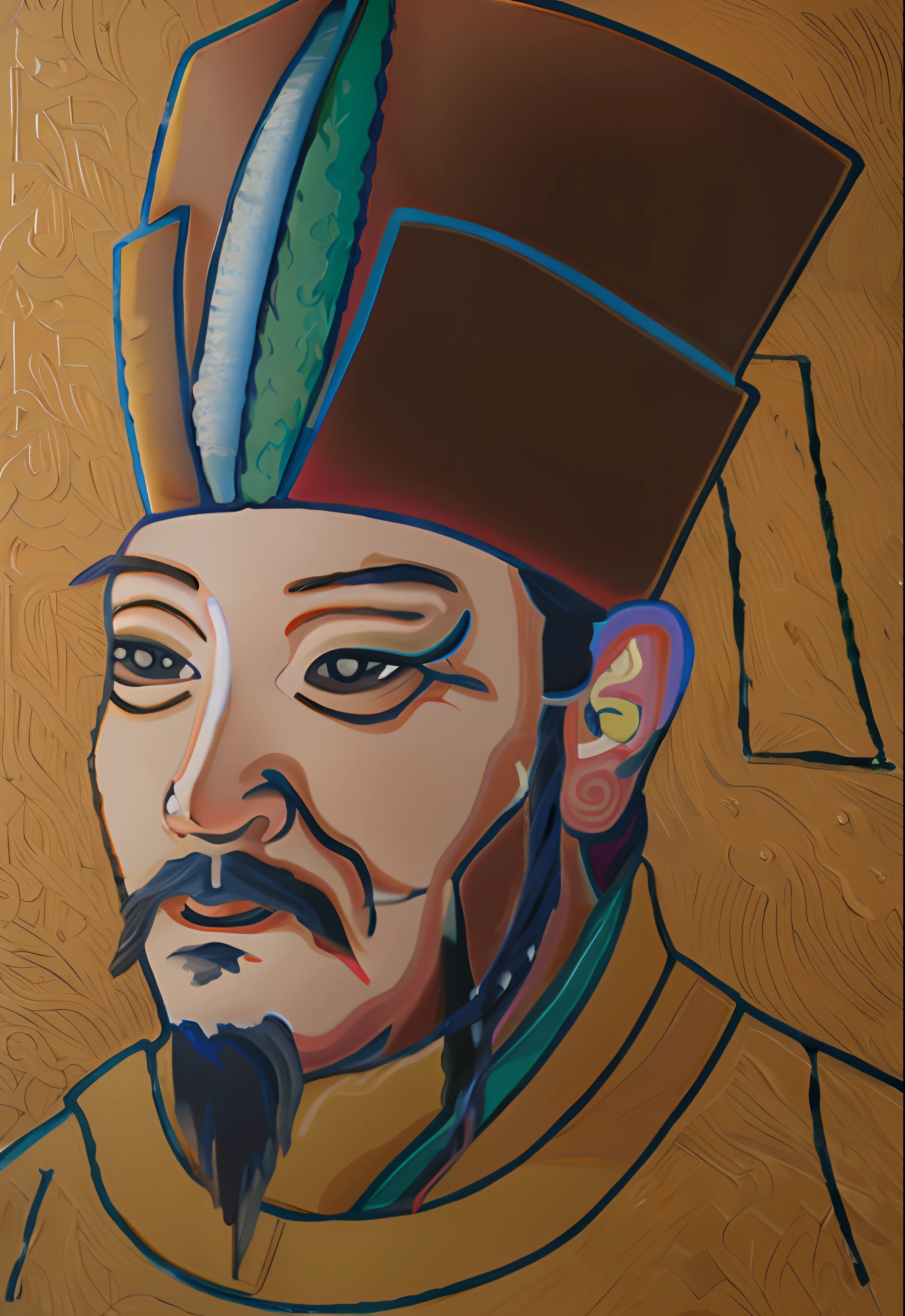 Painting of a man wearing a hat and beard, inspired by Ma Shi, inspired by Huang Ding, inspired by Qian Du, inspired by Xuande Emperor, inspired by Dong Yuan, feng shu, by Xuande Emperor, Inspired by Yang Buzhi, mongol, inspired by Li Cheng, Inspired by Cao Zhibai, Inspired by Hu Zaobin