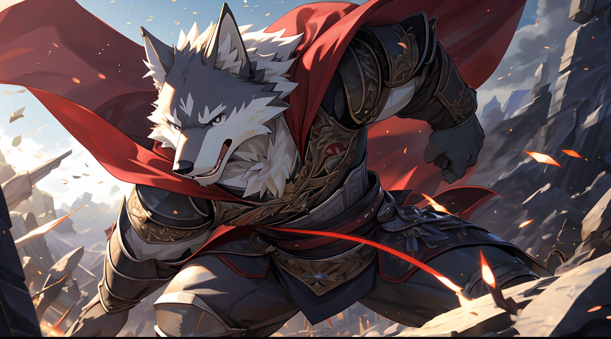 Anthro((dramatic))epic, dynamic pose, One scene of movie, An extreme perspective with a powerful composition, absurdres, magnificent picture of kemono fighting fierce battles, (ultra detailed), sharp focus, niji, eyesgod, black eye, Eyes, furry, light-white fur, brown fur, white beard, anthro (wolf), male, middle-aged, gray body, white belly, muscular, knight costume, long red cherry cloak, ultra detailed face, (detailed eyes), (close up:1), (background is wide view of war:0.5), light particles, motion blur, depth of field, (best quality), (masterpiece), high details, high quality, award winning, highres, HD, 16k