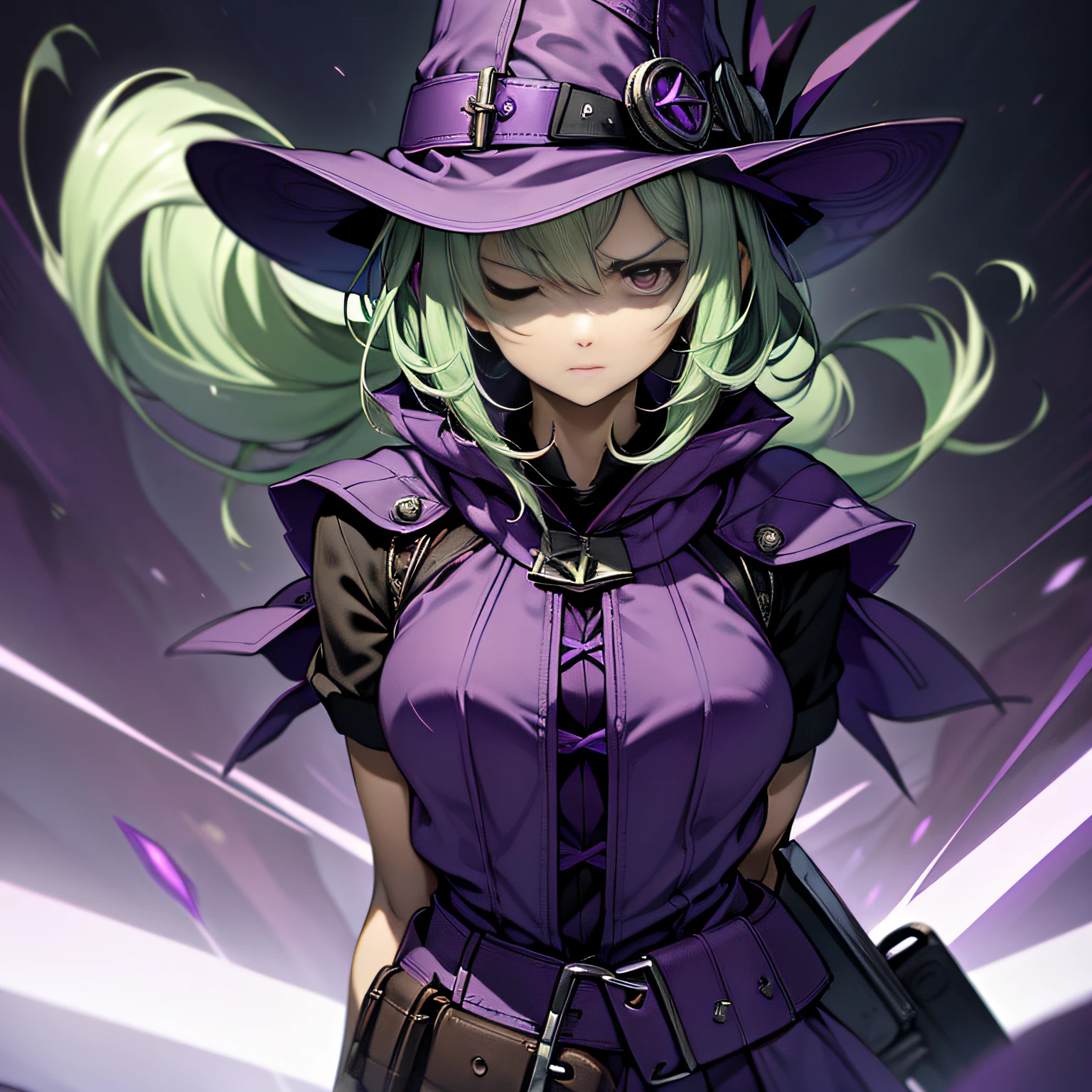 Top quality, very delicate and beautiful, (teenage girl), purple eyes, green hair, small, short hair, (purple pointy hat), one, tactical vest, short sleeves, purple skirt, purple wizard robe, navel, smile, knife in hand, ((((bloody)))
