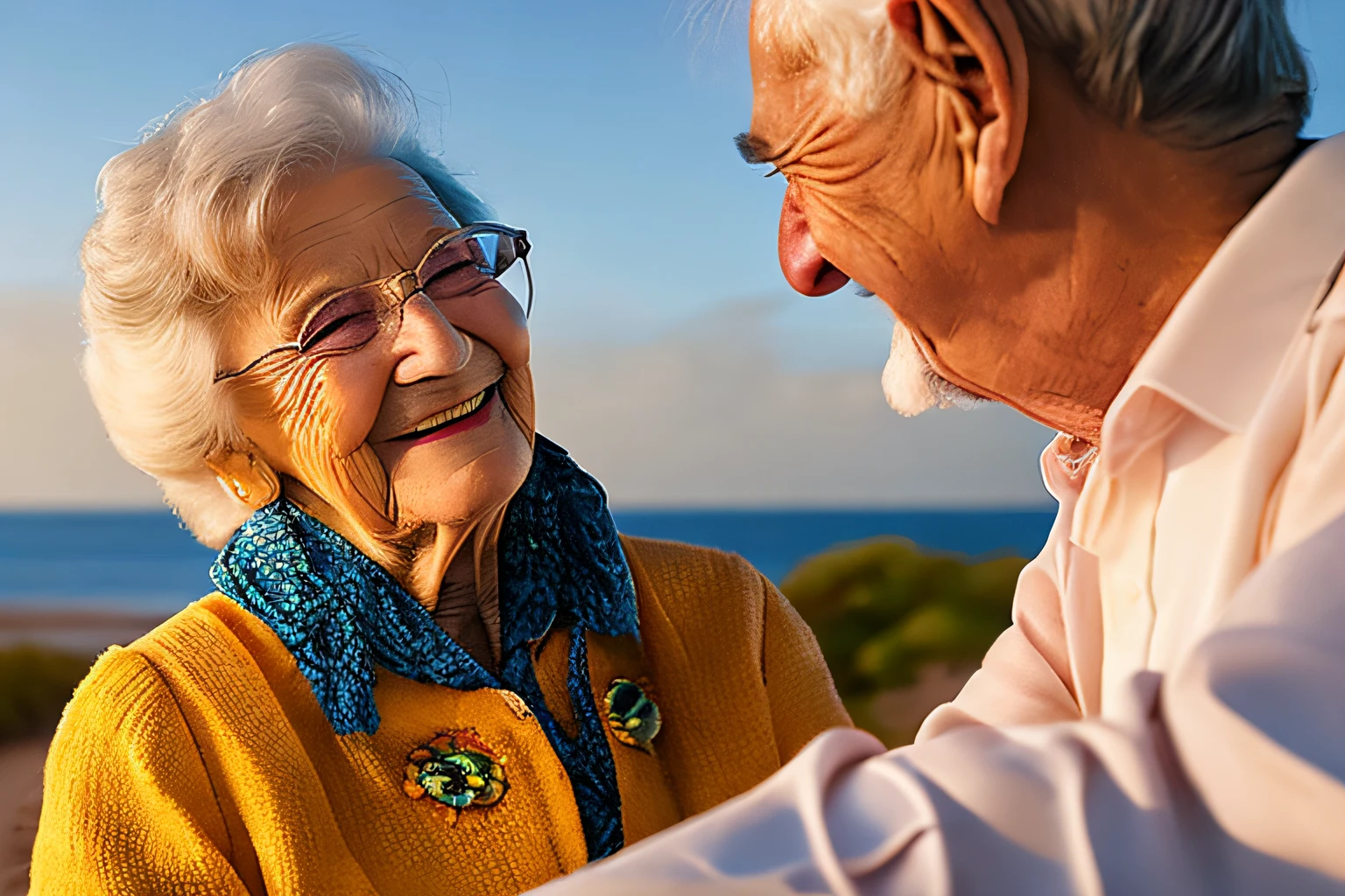 best quality,4k,8k,highres,masterpiece:1.2,ultra-detailed,realistic, vivid colors,studio lighting,portraits,landscape,experienced old couple,beautiful detailed eyes and face,lovely smiling lips,gentle expressions, nostalgic atmosphere,sitting on a bench, overlooking the calm ocean,with sandy beach and sparkling waves,soft golden sunlight filtering through the clouds, colorful flowers in bloom along the coast,seagulls flying in the distance,holding hands and leaning towards each other,sharing stories of their youth,memories of laughter and love,many years of companionship, wrinkles on their faces with wisdom and character,gray hair blowing in the gentle breeze,peaceful and tranquil setting, capturing the warmth and tenderness of their love