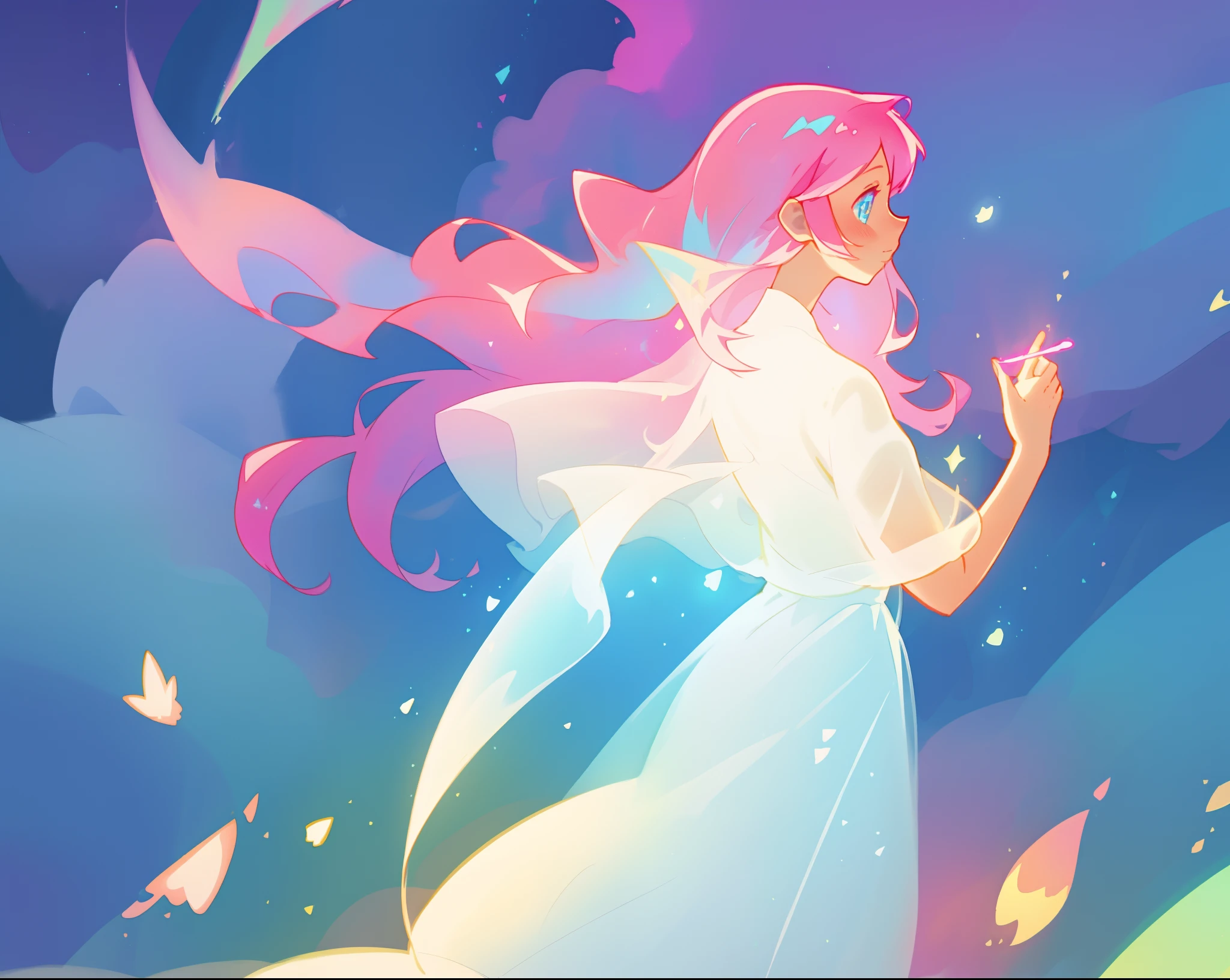 beautiful girl in glowing white dress, ((flowing white ballgown)), (looking away, profile view), vibrant pastel colors, (colorful), magical lights, long flowing colorful pink hair, ((glowing aura around her)), flowing glowing hair, fantasia landscape background, whimsical, magical, fantasy, beautiful face, ((masterpiece, best quality)), intricate details, highly detailed, sharp focus, 8k resolution, sparkling detailed eyes, liquid watercolor