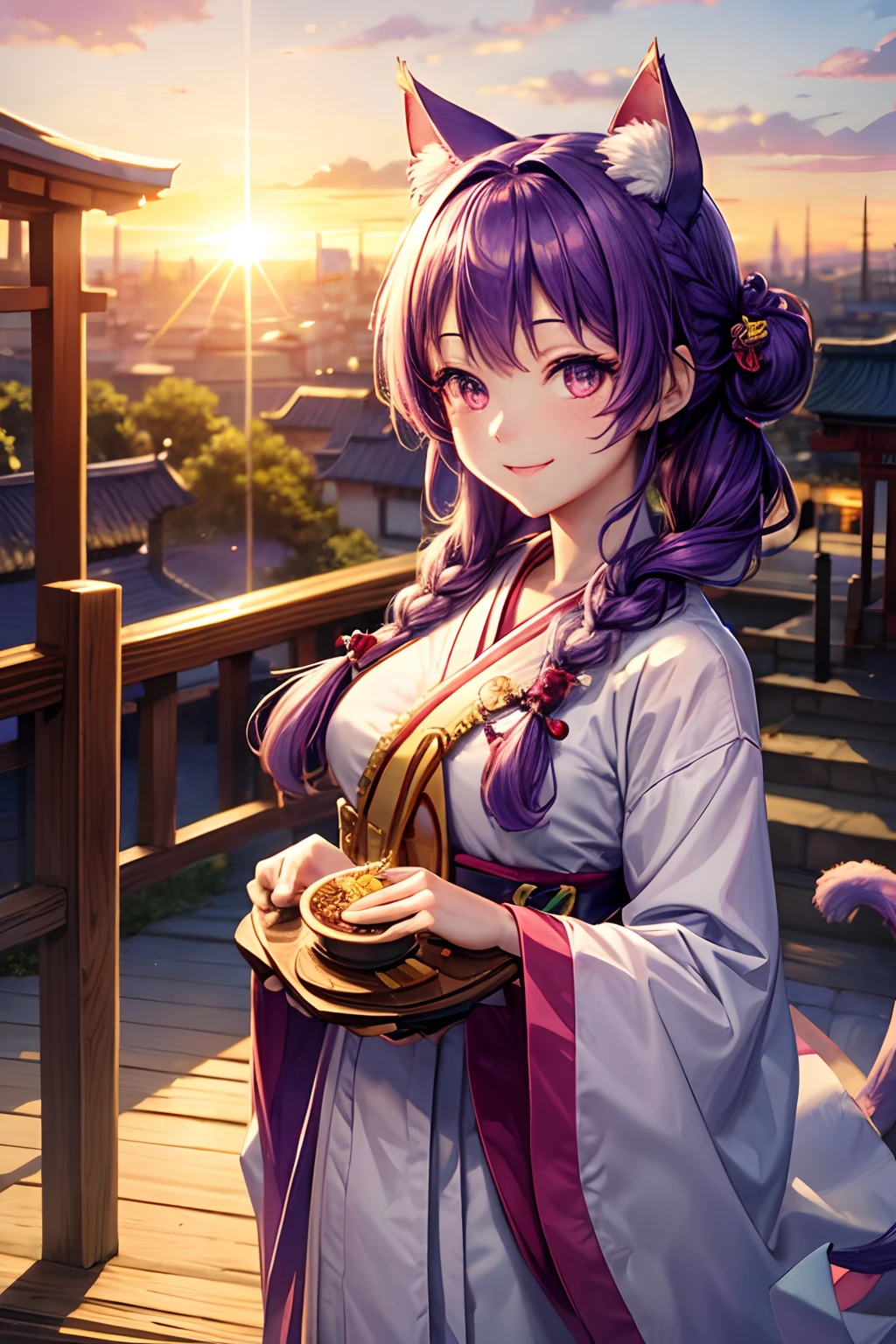 Top quality, high resolution, perfect human structure, background focus, front view, purple hair, shrine, shrine maiden outfit, happy smile, glowing hair, cat ears, french braid, crazy eyes, sunrise,