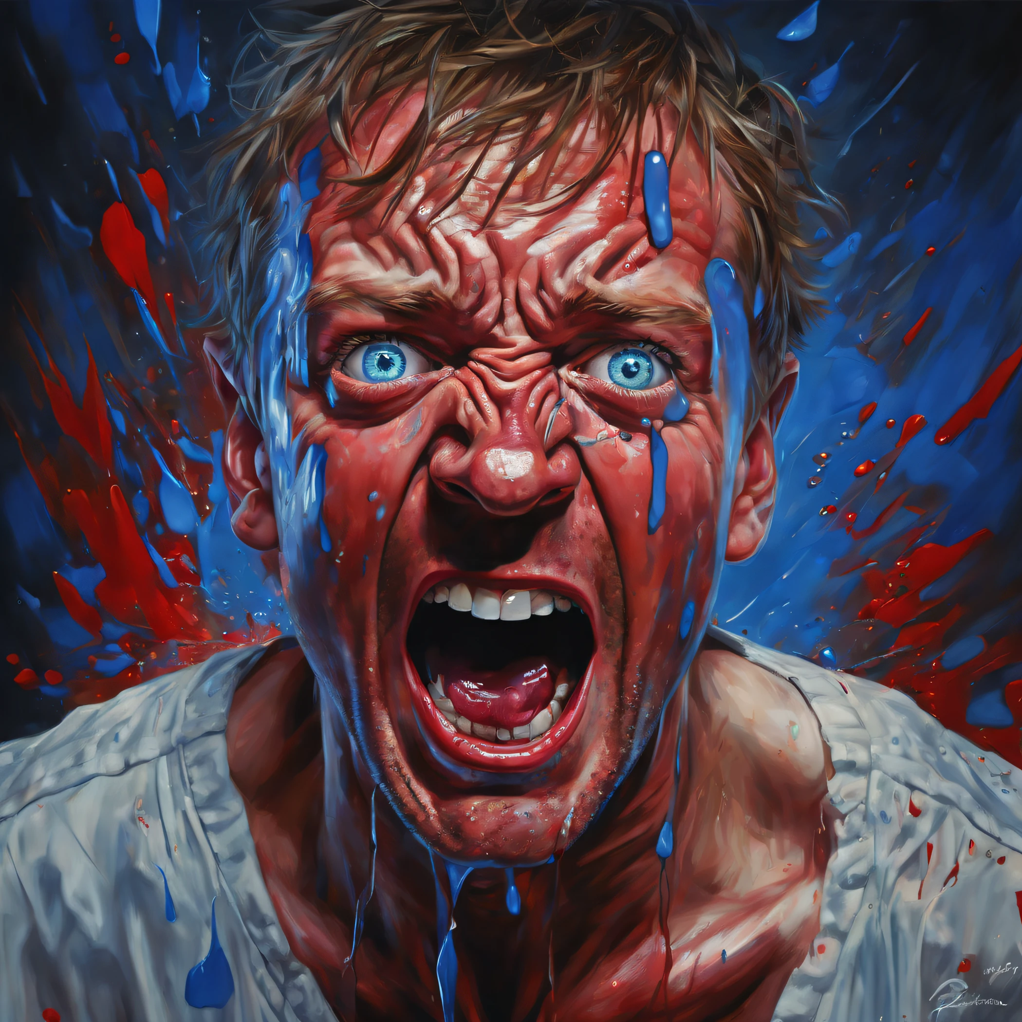 (best quality,ultra-detailed,realistic:1.37),red-skinned man with intense blue eyes and tears, screaming with his mouth wide open, portraits,vivid colors,moody lighting