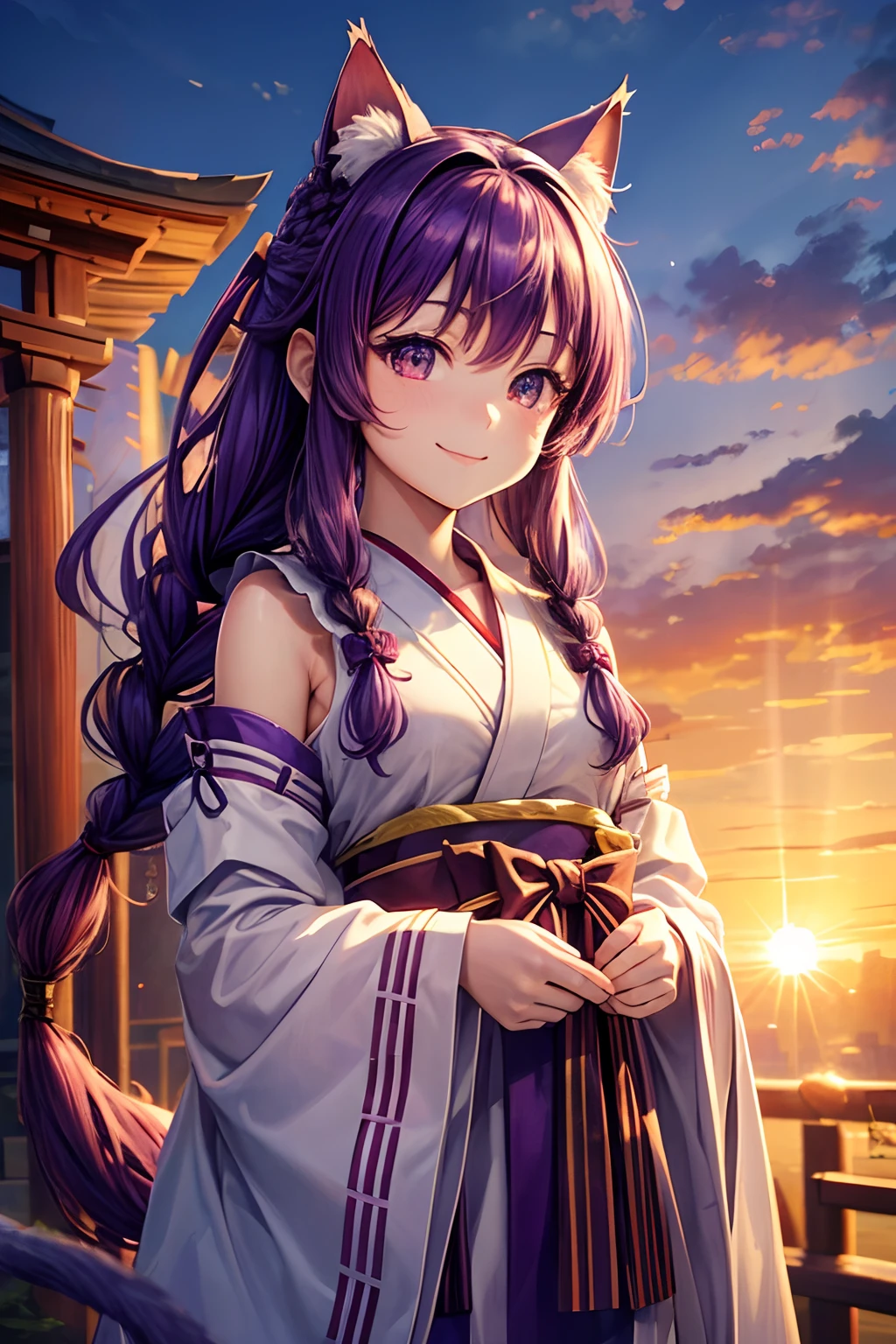 Top quality, high resolution, perfect human structure, background focus, front view, purple hair, shrine, shrine maiden outfit, happy smile, glowing hair, cat ears, french braid, crazy eyes, sunrise,