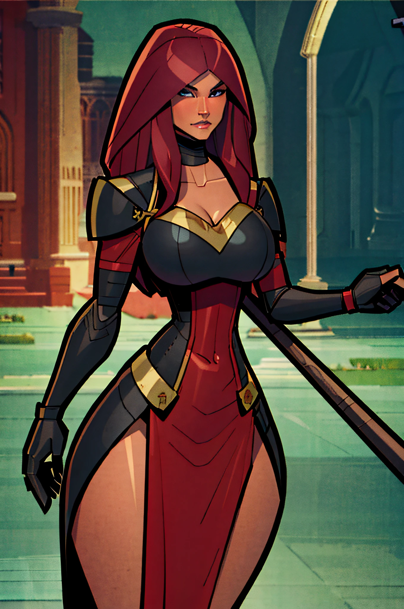 (masterpiece, top quality, best quality, official art, beautiful and aesthetic:1.2), (1girl:1.3), dark brown hair in a huge ponytail, extremely detailed, portrait, looking at viewer, solo, (full body:0.6), detailed background, close up, (hot summer coliseum theme:1.1), human gladiatrix, charlatan, mysterious, walking in forest, revealing bronze gladiator armor, spear and shield, metal bikini, topless, tits out, brown leather, cowl, cloak, bracers, armor, gauntlets, helmet, facemask, long boots, buckles, straps, light grey fabric, brown leather, gigantic breasts, cleavage, skindentation, slim waist, slim hips, long legs, medieval (coliseum arena exterior:1.1) background, dark mysterious lighting, shadows, magical atmosphere, dutch angle, (((balsamique)))