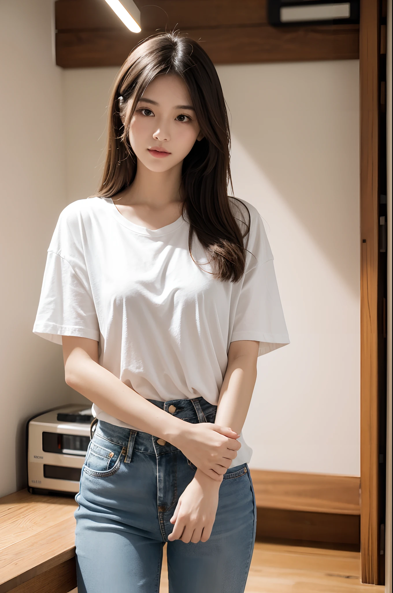 "Create a visual composition of a woman wearing casual clothes, captured with a medium-quality image, simulating the characteristics of a popular smartphone. The scene should be softly lit, ensuring a realistic and detailed representation. The woman should be positioned in an everyday setting, with elements that create an authentic atmosphere. The framing of the image should follow a perspective that suggests naturalness and casualness, with a focus on the woman's attire. She is dressed in a faded pair of jeans and a white cotton T-shirt, providing a laid-back style. Make sure to consider the application of camera effects that complement the casual context of the scene while maintaining visual quality aligned with that of a common smartphone."