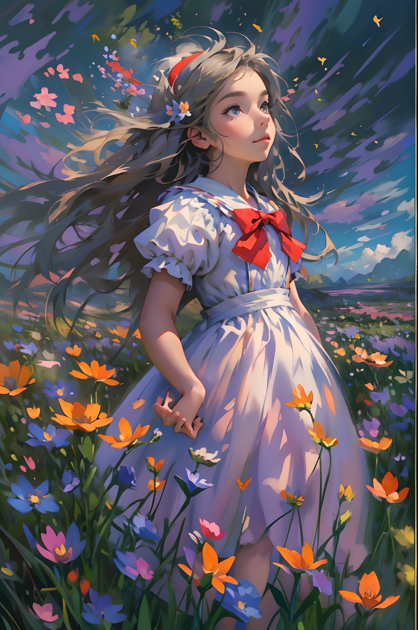 alice in the wonderland, (A bow on the head:1.1), Upper body，There is a girl standing in a flower field looking up at the sky, A girl standing in a flower field, A girl walks in a flower field, Get lost in a fantastic wonderland, standing in flower field, dreamlike digital painting, The sky is gradually clearing, The starry sky gradually receded，(Monet, Impresionismo, Oil painting), Barefoot，Barefoot，04