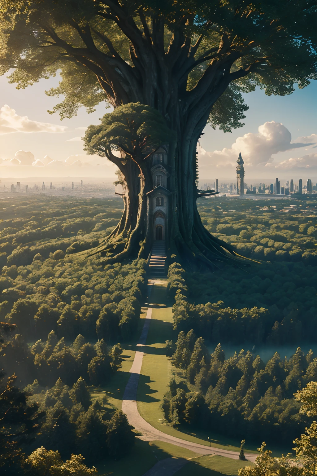 masterpiece, best quality, (8k), mystical forest, city built inside a giant tree