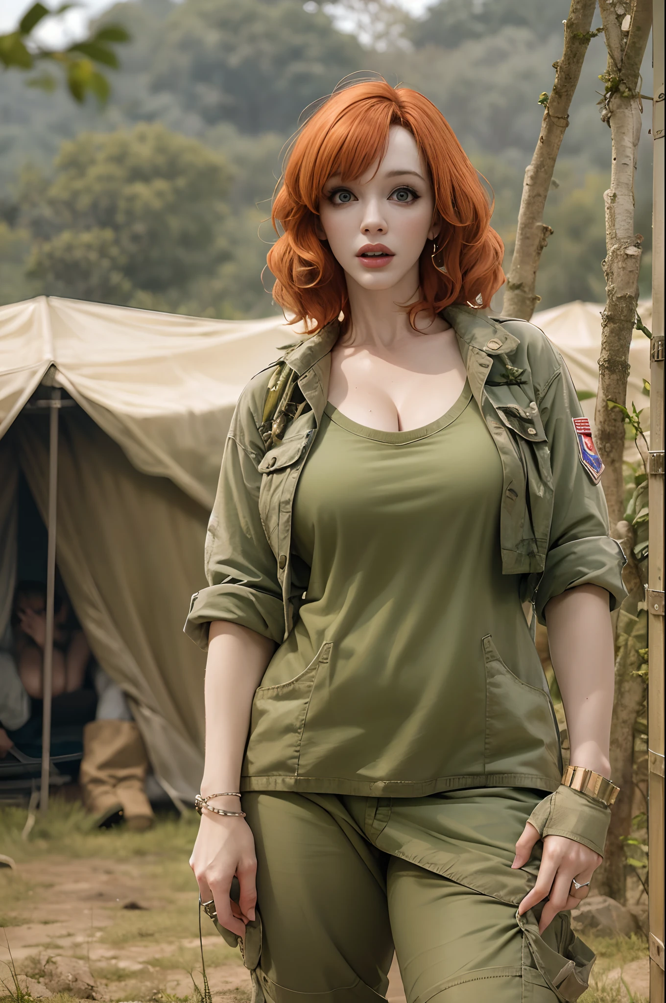 Christina Hendricks, masterpiece quality, realistic, daylight, wearing army fatigues, wearing combat boots, sweaty, on a military base, military tents in background, troops in background, jungle in background, sexy pose, big breasts,