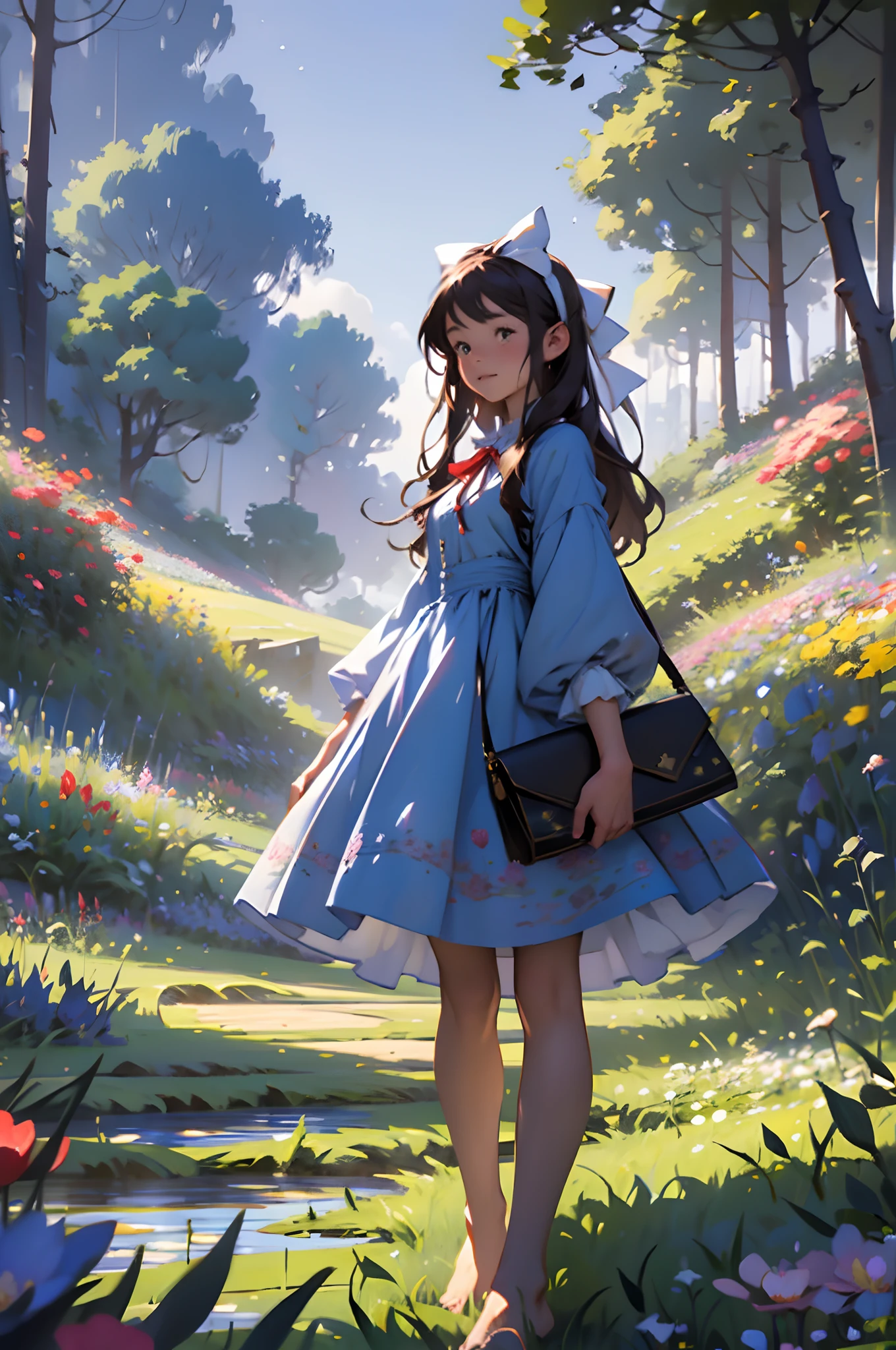 alice in the wonderland, (A bow on the head:1.1), Upper body,There is a girl standing in a flower field looking up at the sky, A girl standing in a flower field, A girl walks in a flower field, Get lost in a fantastic wonderland, standing in flower field, dreamlike digital painting, The sky is gradually clearing, The starry sky gradually receded,(Monet, Impresionismo, Oil painting), Barefoot,Barefoot,05