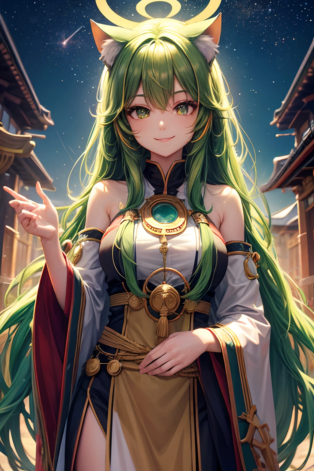 of the highest quality, High resolution, The perfect human structure, Background Focus, Front view, Shiny hair, Cat ears, Green hair, multicolored hair, shrines, Priestess costume, Smiling happily, star-shaped pupils, Wavy Hair