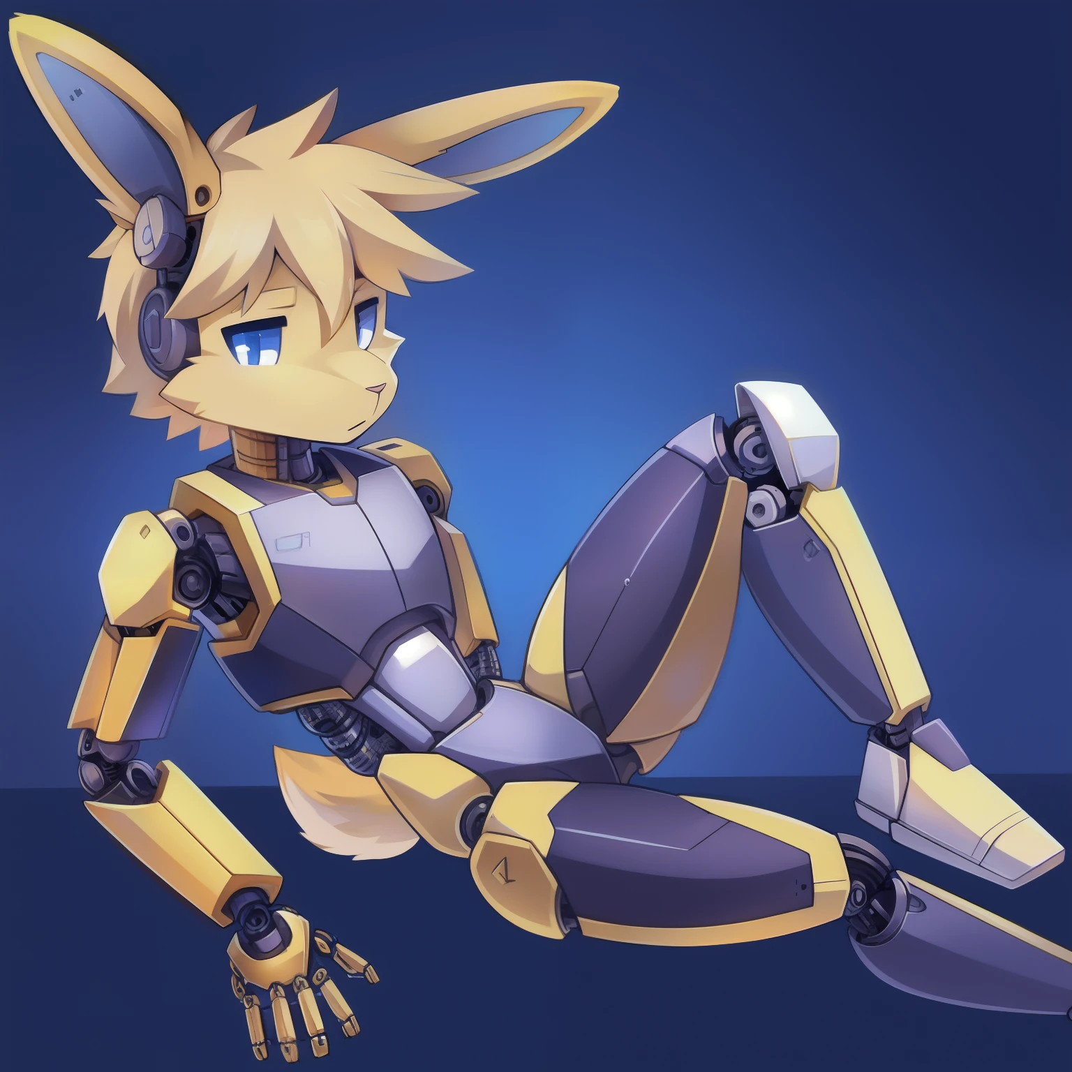 solo, male, rabbit, yellow colored fur, (snout,hair mechanical),  emotionless face, lean body, noticeable arm joints, noticeable leg joints, robot body