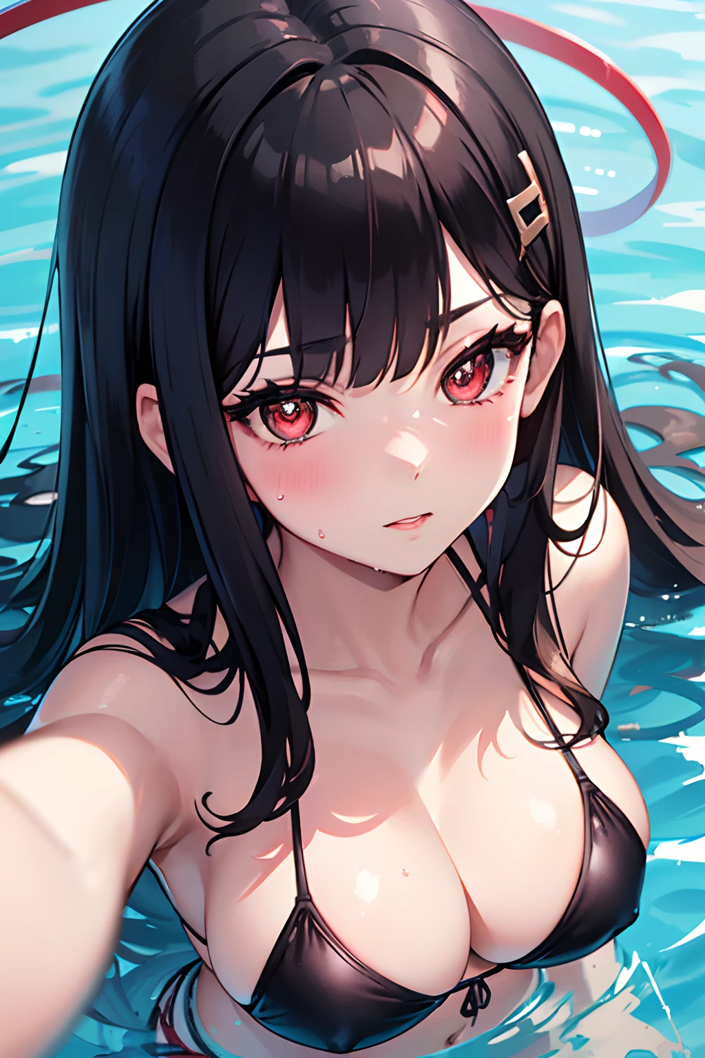 (*****, top-quality, 8K, masterpiece, Top image quality, Hi-Res, super detailing, Ultra HD, (Delicate and smooth skin, real looking skin, Perfect and beautiful face ,Perfect and cute face, high detail skin, Perfect limbs)), girl , black bikini , black hair , blushing, cleavage , collarbone , hair ornament , hairpin , halo , halterneck , large breasts , long hair , looking upwards at viewer , partially submerged water, pool , red eyes , side-tie bikini bottom , solo , string bikini , water , wet, pov from above, Rio (blue archive)