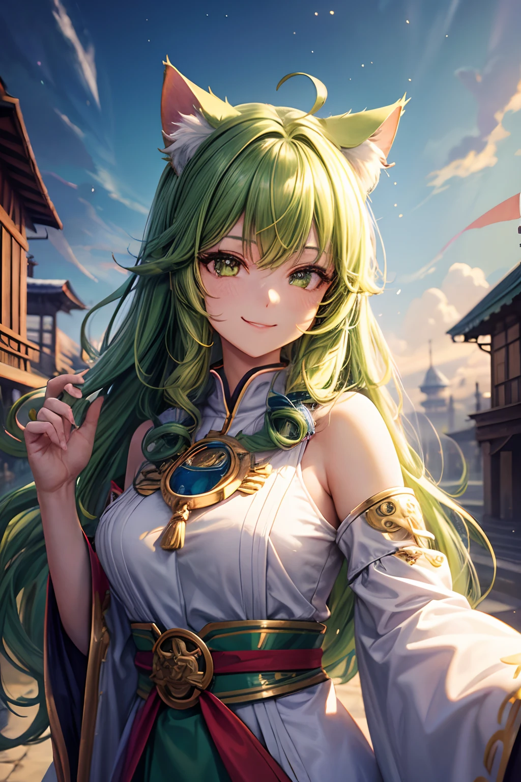 Top quality, high resolution, perfect human structure, background focus, front view, shiny hair, cat ears, green hair, multicolored hair, shrine, priestess outfit, smiling happily, star-shaped pupils, wavy hair