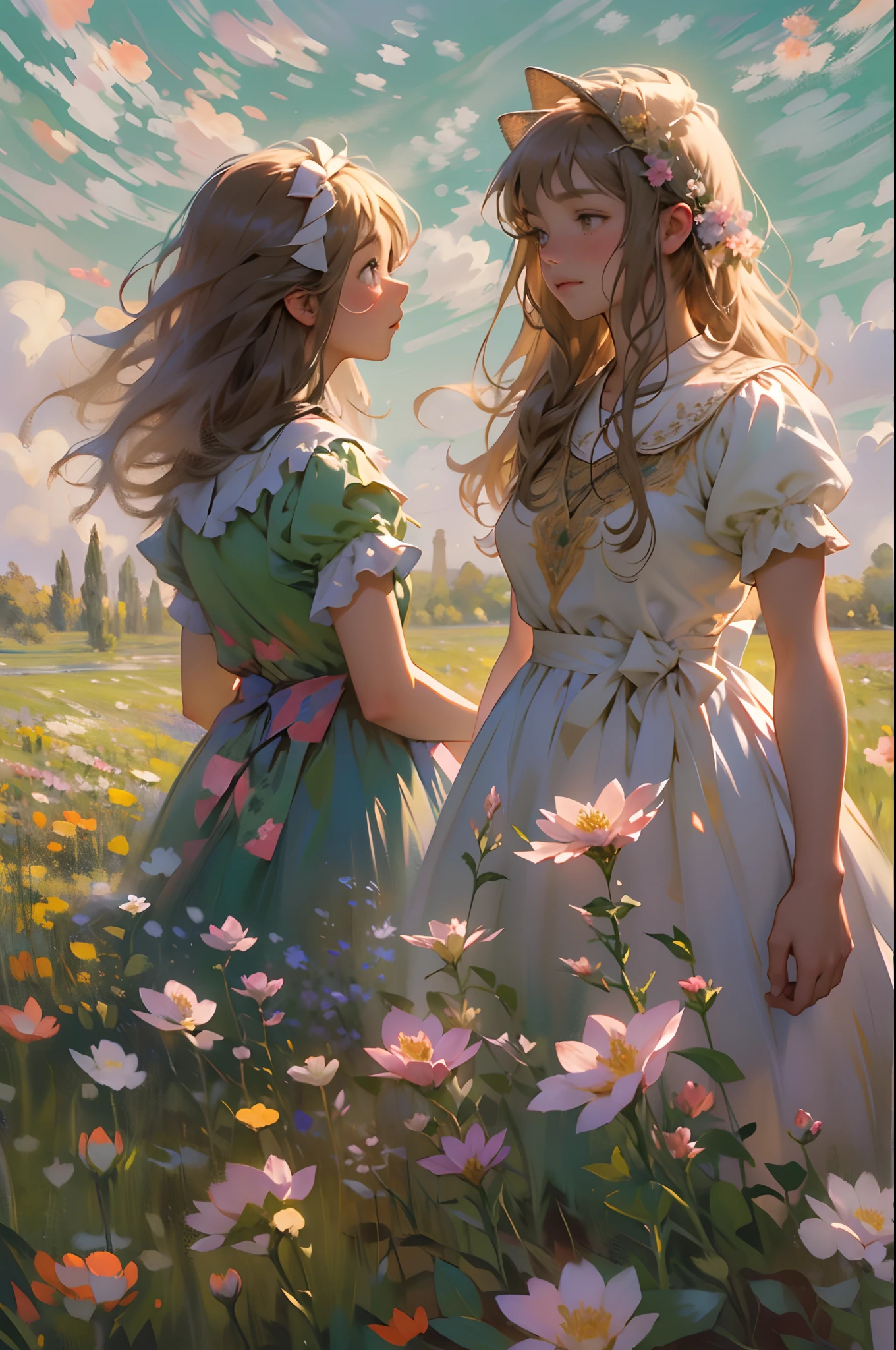 alice in the wonderland, (A bow on the head:1.1), Upper body，twogirls，2 sisters，There are two girls standing in a field of flowers looking up at the sky, Two girls standing in a field of flowers, Two girls walking in a field of flowers, Get lost in a fantastic wonderland, standing in flower field, dreamlike digital painting, The sky is gradually clearing, The starry sky gradually receded，(Monet, Impresionismo, Oil painting), Barefoot，Barefoot，Have fun，0