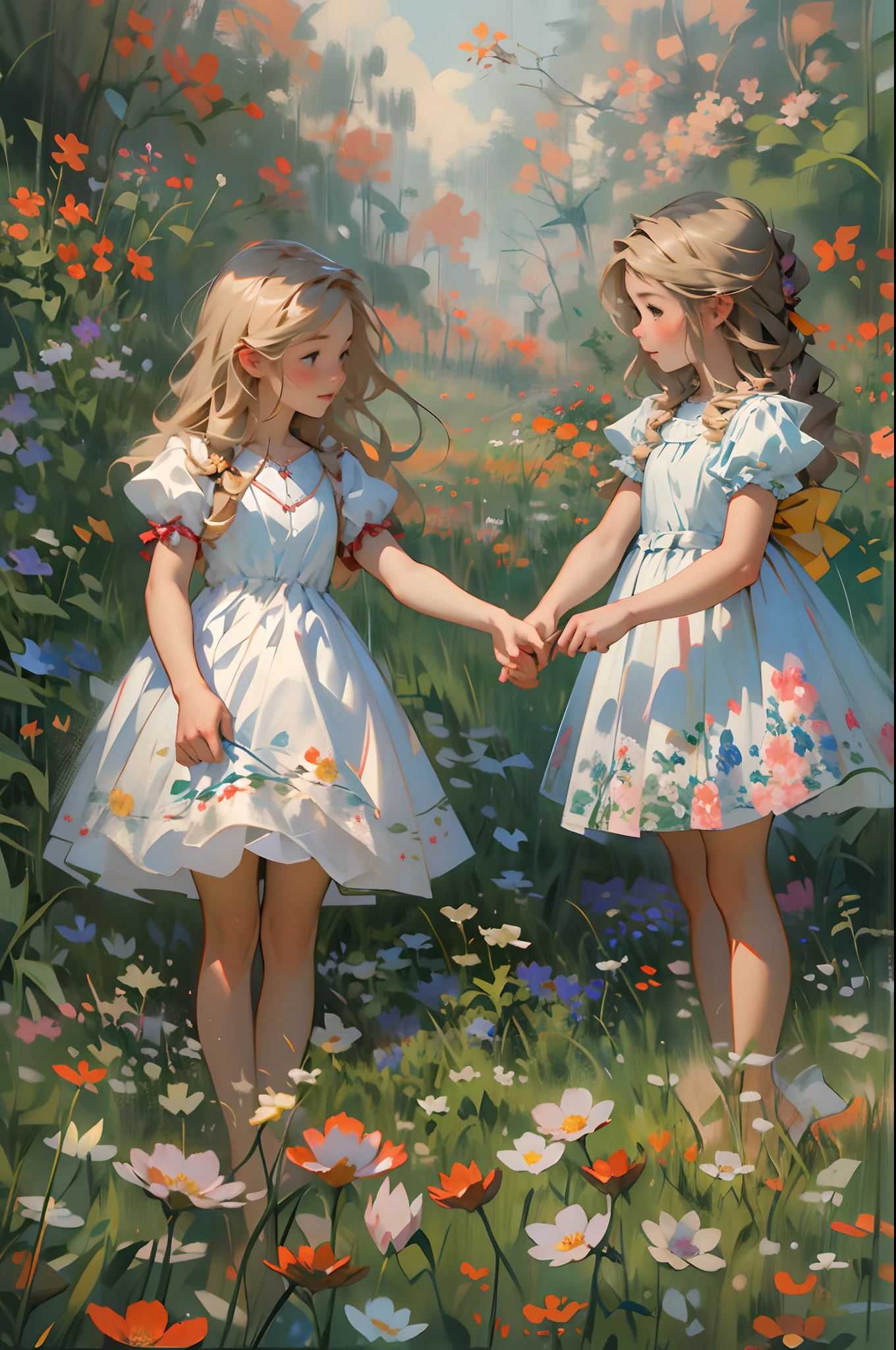 alice in the wonderland, (A bow on the head:1.1), Upper body,twogirls,2 sisters,There are two girls standing in a field of flowers looking up at the sky, Two girls standing in a field of flowers, Two girls walking in a field of flowers, Get lost in a fantastic wonderland, standing in flower field, dreamlike digital painting, The sky is gradually clearing, The starry sky gradually receded,(Monet, Impresionismo, Oil painting), Barefoot,Barefoot,Have fun,0
