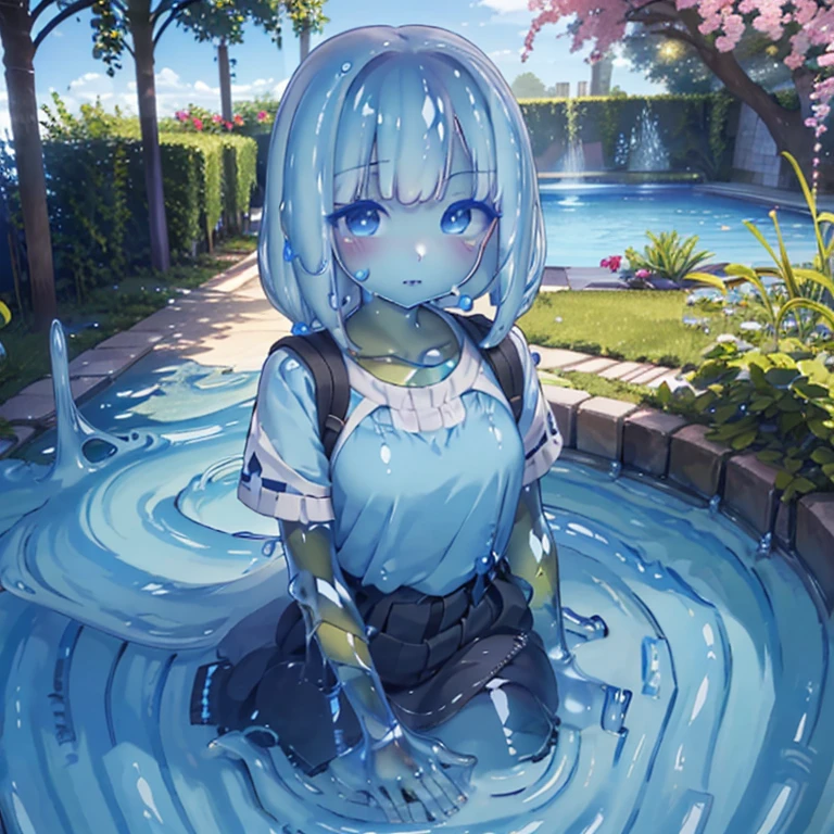 A girl with blue slime-like features, glowing blue eyes, and vibrant blue lips stands in a garden. She has smooth, shiny skin that resembles liquid slime. The garden is lush and filled with colorful flowers and plants. The girl's slime-like body glistens under the sunlight, creating a mesmerizing shimmer. The artwork is created using a combination of digital illustration and 3D rendering techniques, resulting in a unique and captivating visual style. The colors used in the artwork are predominantly shades of blue, giving the image a cool and ethereal atmosphere. The lighting is soft and diffused, creating a dreamy and magical ambiance. The level of detail in the artwork is incredibly high, showcasing intricate textures and fine details in the girl's features and surroundings. The overall quality of the image is top-notch, with crisp lines and vibrant colors. The final artwork is a true masterpiece, with its ultra-realistic depiction of the slime girl and the serene garden setting.