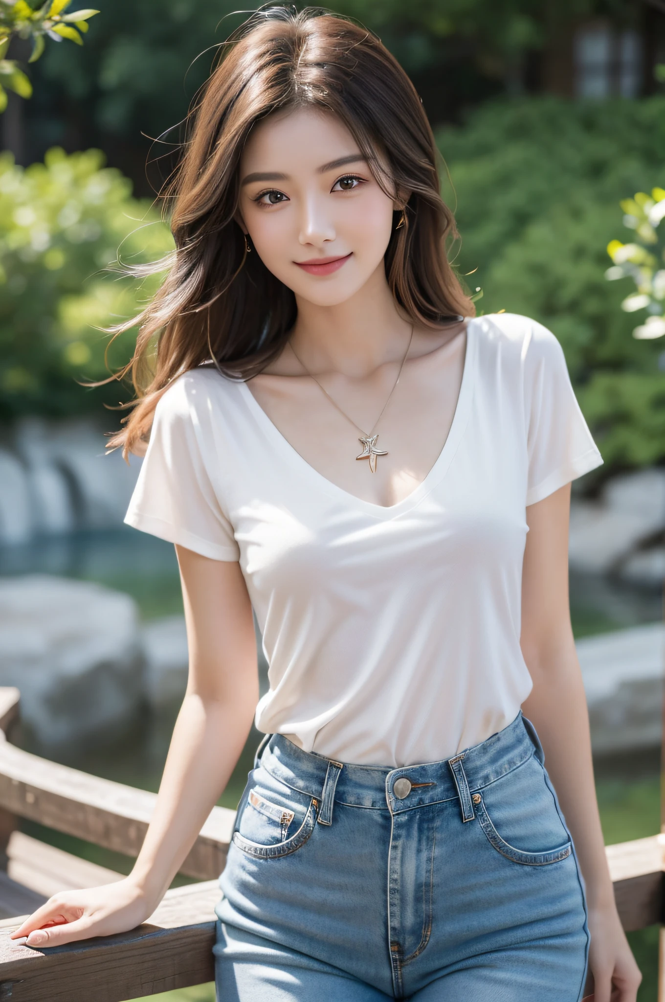 ((best qualtiy,8k,tmasterpiece:1.3)),A beautiful woman with a perfect figure:1.4,Layered Hair Style,nedium breasts,Wear a pendant,Red V-neck T-shirt,Jean pants,Stand on the top of the mountain,picturesque,Highly Detailed Face and Skin Textur,Detailed eyes,二重まぶた,Detailed smiling faces,Small dimples in detail