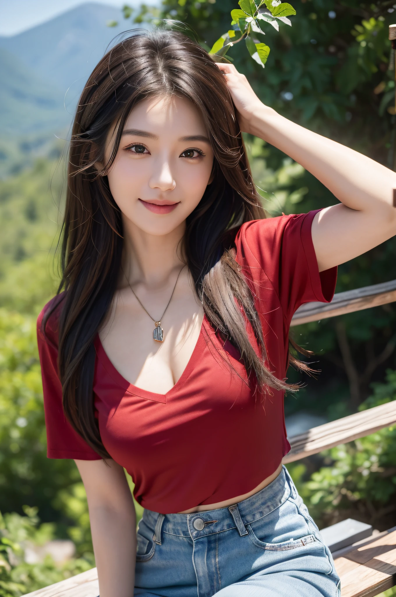 ((best qualtiy,8k,tmasterpiece:1.3)),A beautiful woman with a perfect figure:1.4,Layered Hair Style,nedium breasts,Wear a pendant,Red V-neck T-shirt,Jean pants,Stand on the top of the mountain,picturesque,Highly Detailed Face and Skin Textur,Detailed eyes,二重まぶた,Detailed smiling faces,Small dimples in detail