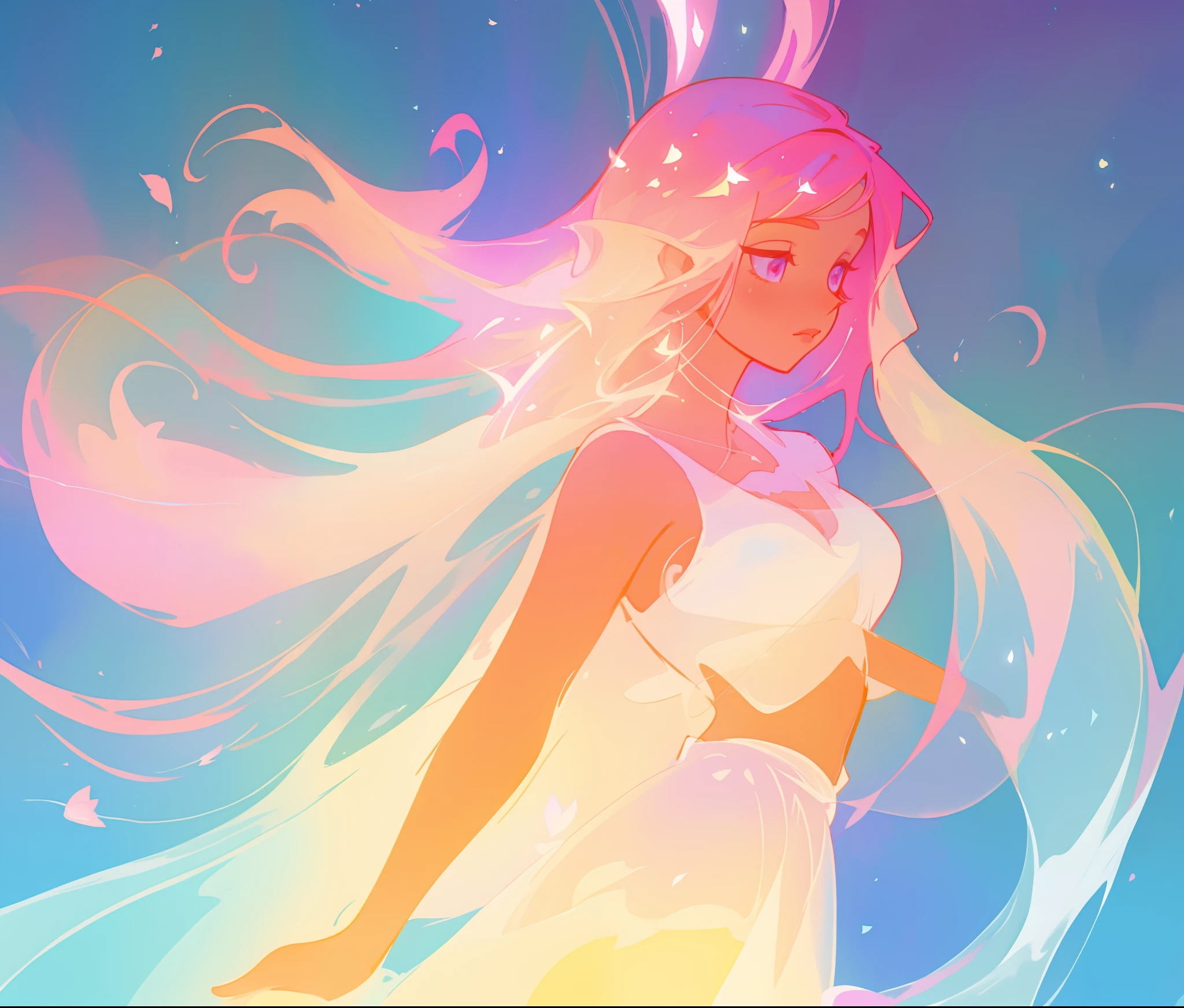 beautiful girl in white arabian style dress, long colorful pink hair, watercolor illustration, inspired by Glen Keane, inspired by Lois van Baarle, disney art style, by Lois van Baarle, glowing aura around her, by Glen Keane, jen bartel, glowing lights! digital painting, flowing glowing hair, glowing flowing hair, beautiful digital illustration, fantasia otherworldly landscape plants flowers, beautiful, masterpiece, best quality, anime disney style