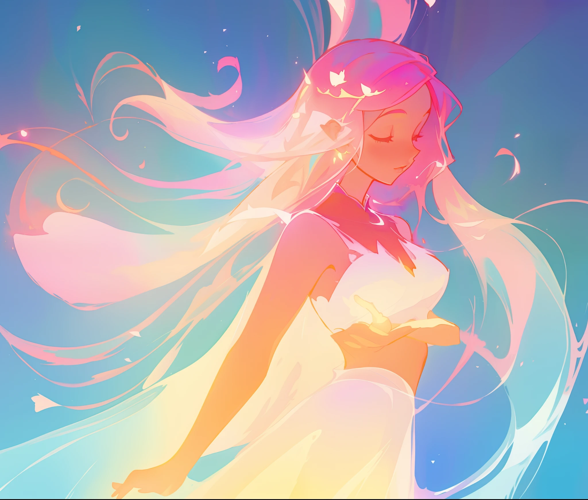 beautiful girl in white arabian style dress, long colorful pink hair, watercolor illustration, inspired by Glen Keane, inspired by Lois van Baarle, disney art style, by Lois van Baarle, glowing aura around her, by Glen Keane, jen bartel, glowing lights! digital painting, flowing glowing hair, glowing flowing hair, beautiful digital illustration, fantasia otherworldly landscape plants flowers, beautiful, masterpiece, best quality, anime disney style