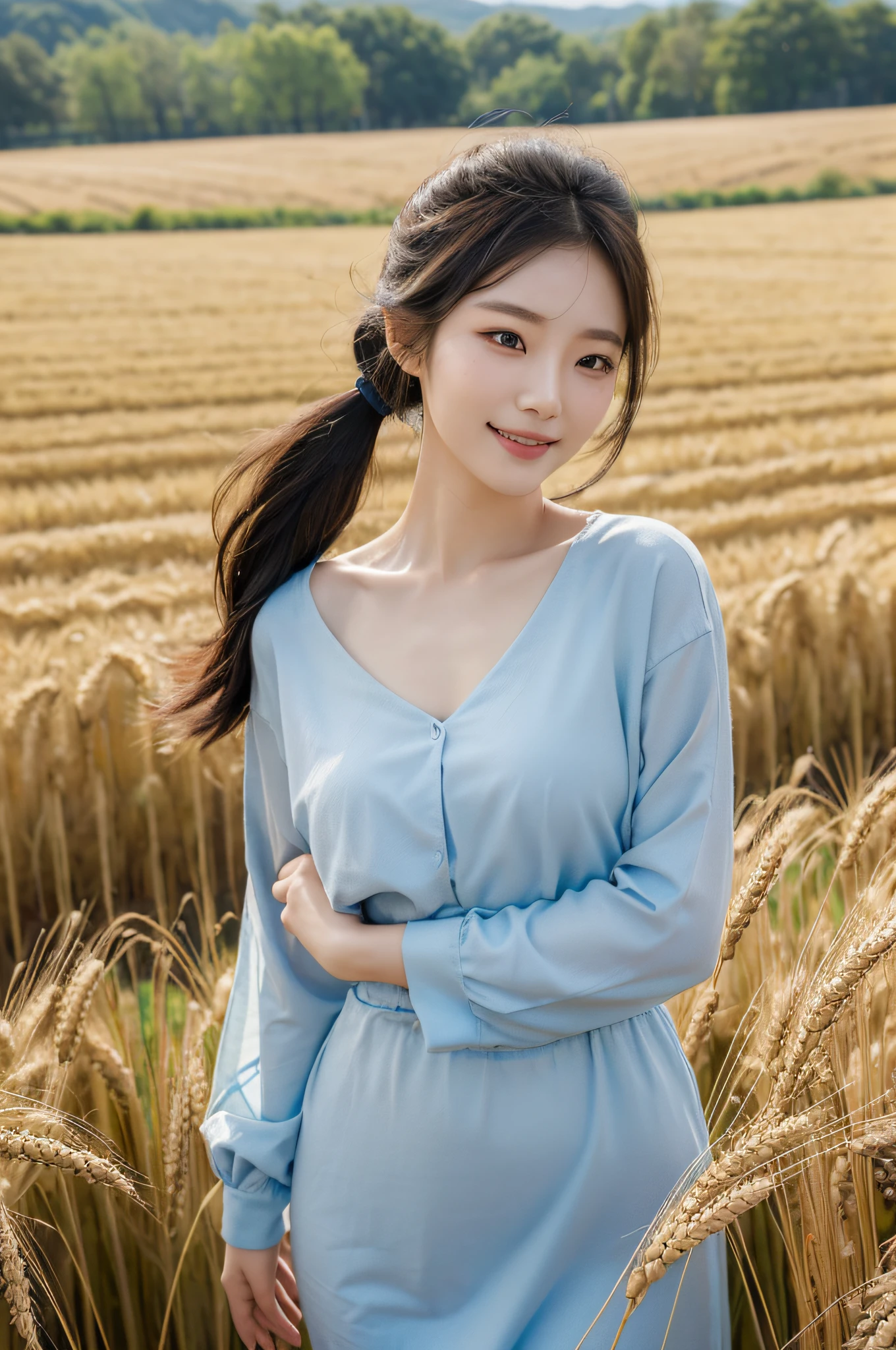 Korean woman, (Masterpiece, Beautiful people, Contaminated smile), Virtual Youku, Farm work in the countryside, (are present (Cut the wheat: 1.4)), fertilize, Weeding, plain face, No makeup, Country Girl, pony tails, Detailed skin texture, Detailed cloth texture, finerly detailed face. Masterpiece, Slim waist, Slim body.