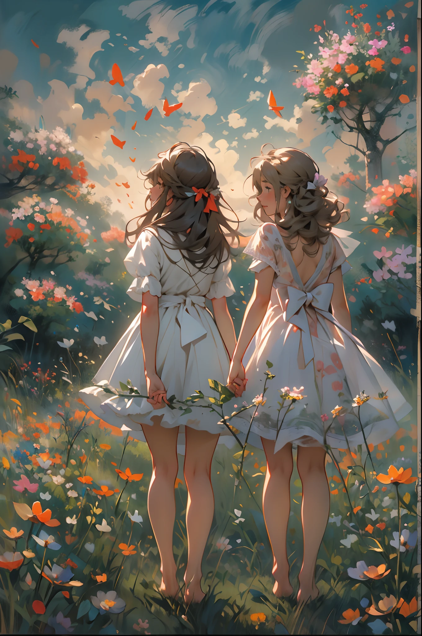 alice in the wonderland, (A bow on the head:1.1), Upper body,twogirls,2 sisters,There are two girls standing in a field of flowers looking up at the sky, Two girls standing in a field of flowers, Two girls walking in a field of flowers, Get lost in a fantastic wonderland, standing in flower field, dreamlike digital painting, The sky is gradually clearing, The starry sky gradually receded,(Monet, Impresionismo, Oil painting), Barefoot,Barefoot,Have fun,01