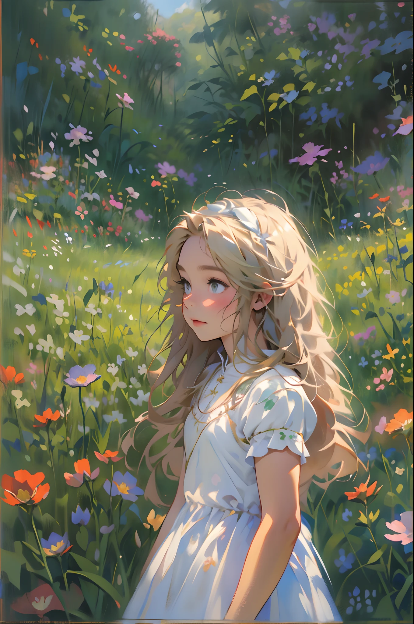 alice in the wonderland, (A bow on the head:1.1), Upper body,twogirls,2 sisters,There are two girls standing in a field of flowers looking up at the sky, Two girls standing in a field of flowers, Two girls walking in a field of flowers, Get lost in a fantastic wonderland, standing in flower field, dreamlike digital painting, The sky is gradually clearing, The starry sky gradually receded,(Monet, Impresionismo, Oil painting), Barefoot,Barefoot,Have fun,01