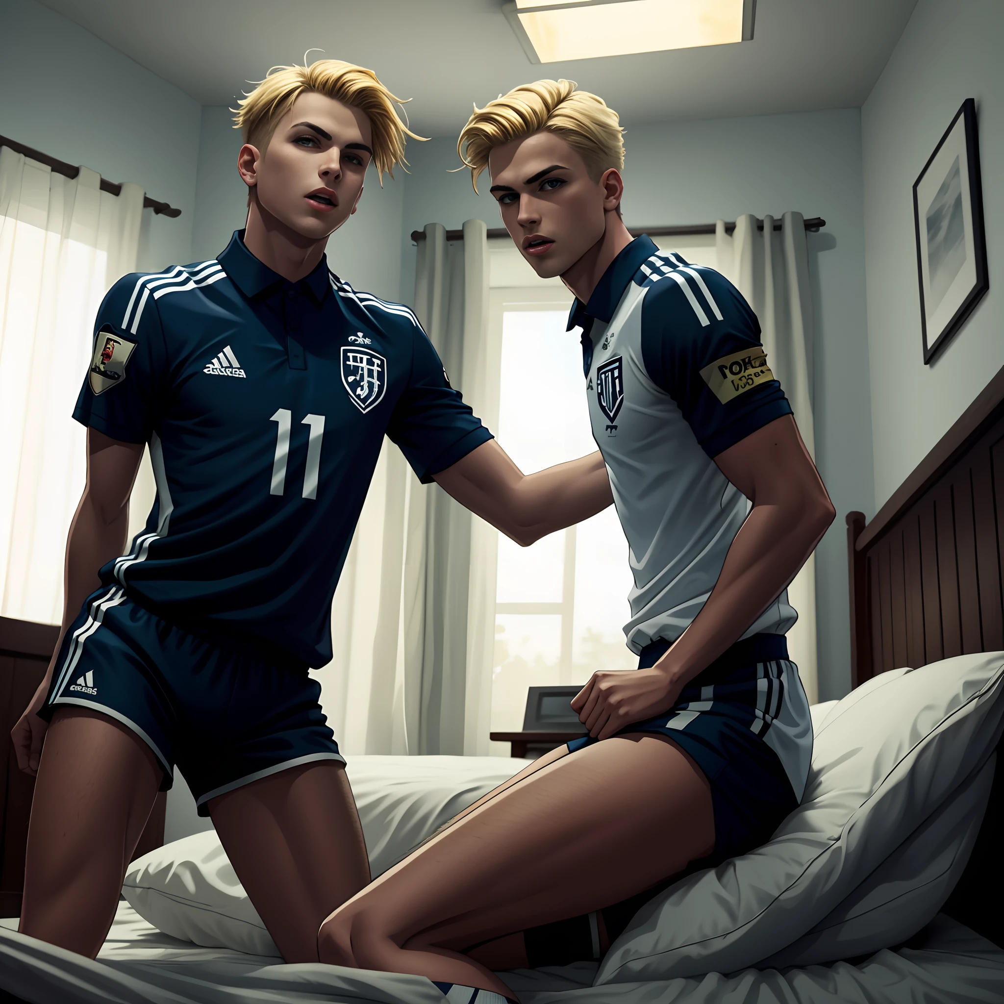 Blonde boy in a soccer uniform on a bed without shorts or boxers, abriendo sus piernas, mostrano su pene, Plus he's erect and pulling out