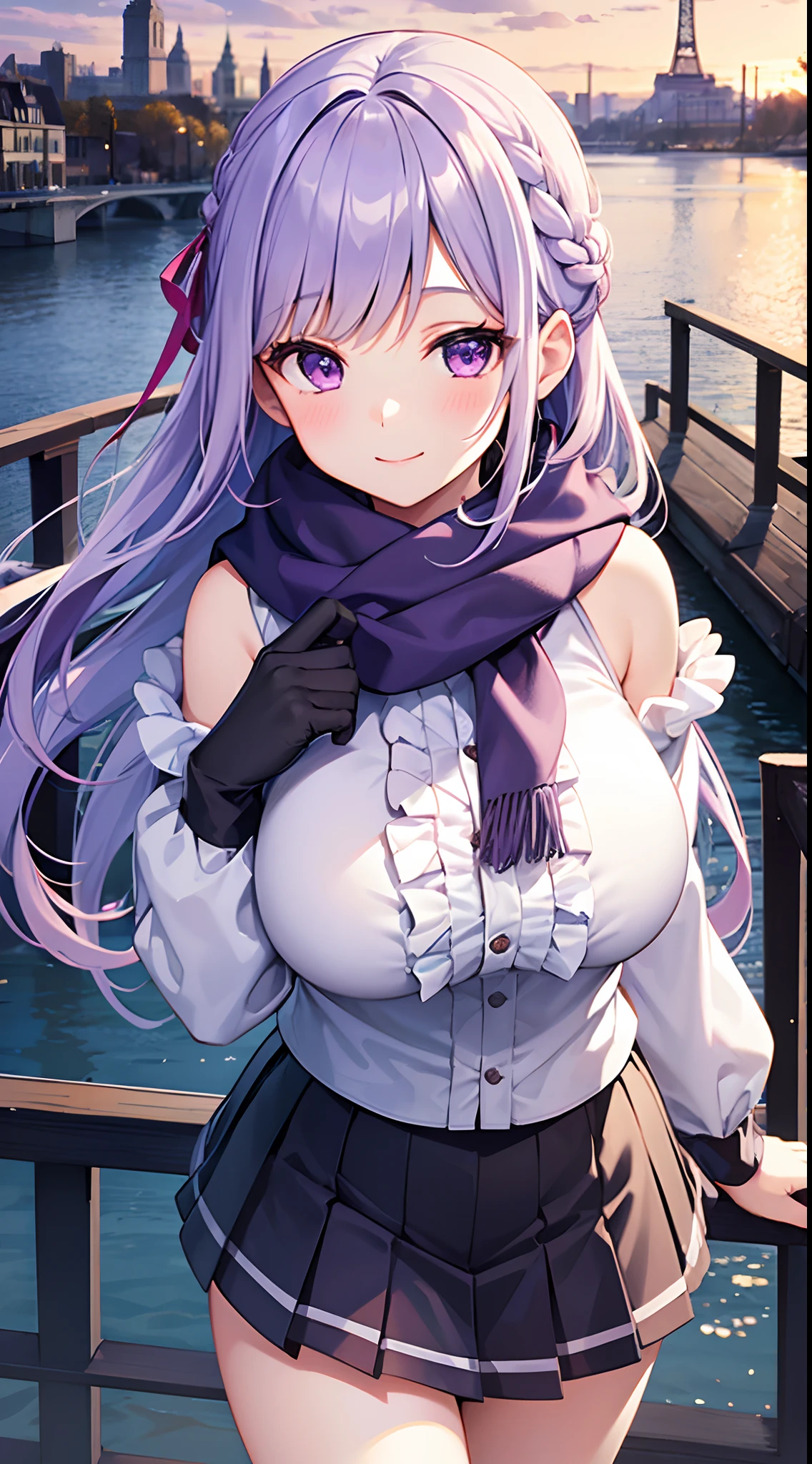 1 girl, game CG, frilled shirt, shoulders visible, short skirt, hair ribbon, winter scarf, gigantic breasts, light purple hair, long hair, french braid, purple eyes, lake, bridge, city, dynamic, smile,