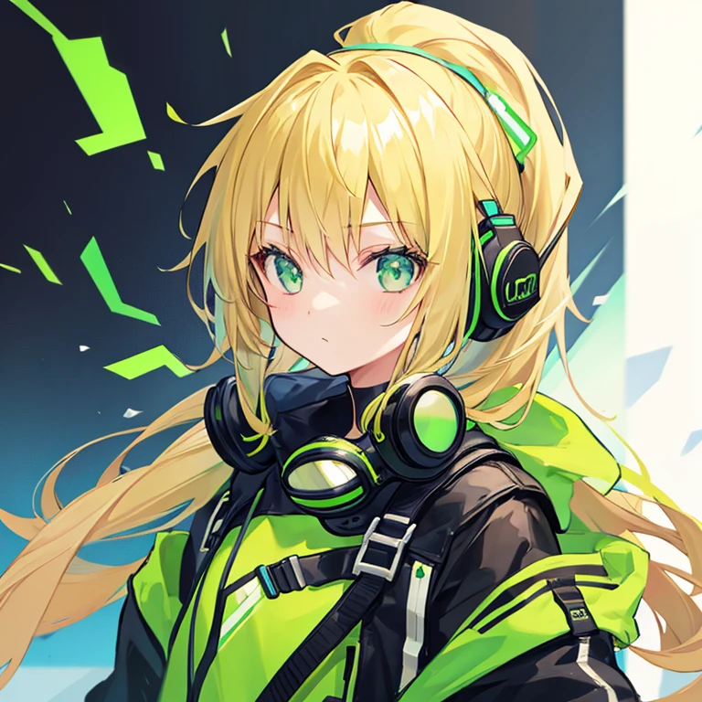 Girl frontal photograph blonde high ponytail hair top top goggles green headphones