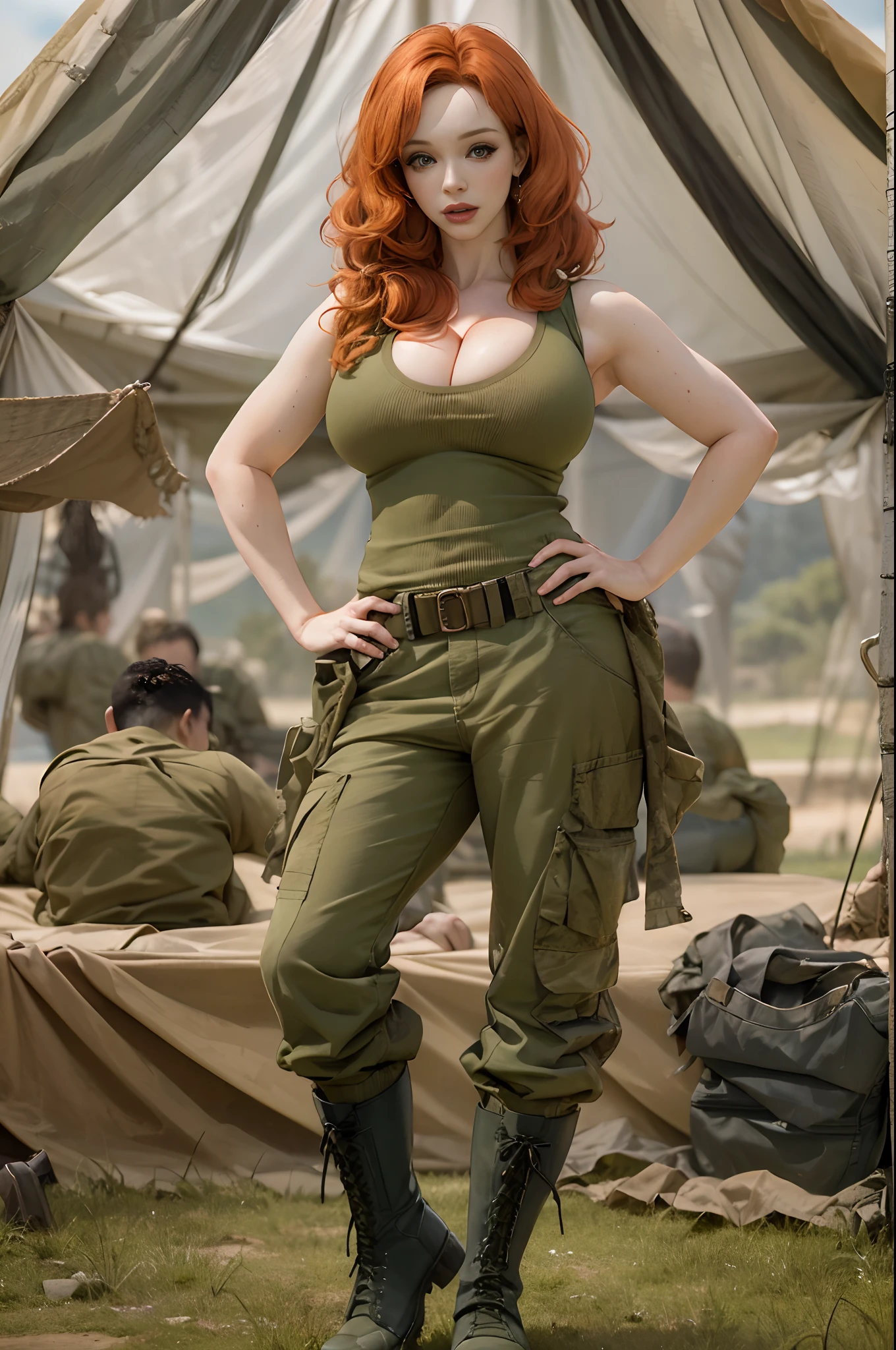 Christina Hendricks, masterpiece quality, realistic, daylight, wearing army fatigues, wearing combat boots, sweaty, on a military base, military tents in background, troops in background, jungle in background, sexy pose, big breasts, (big breasts:1.5), cleavage