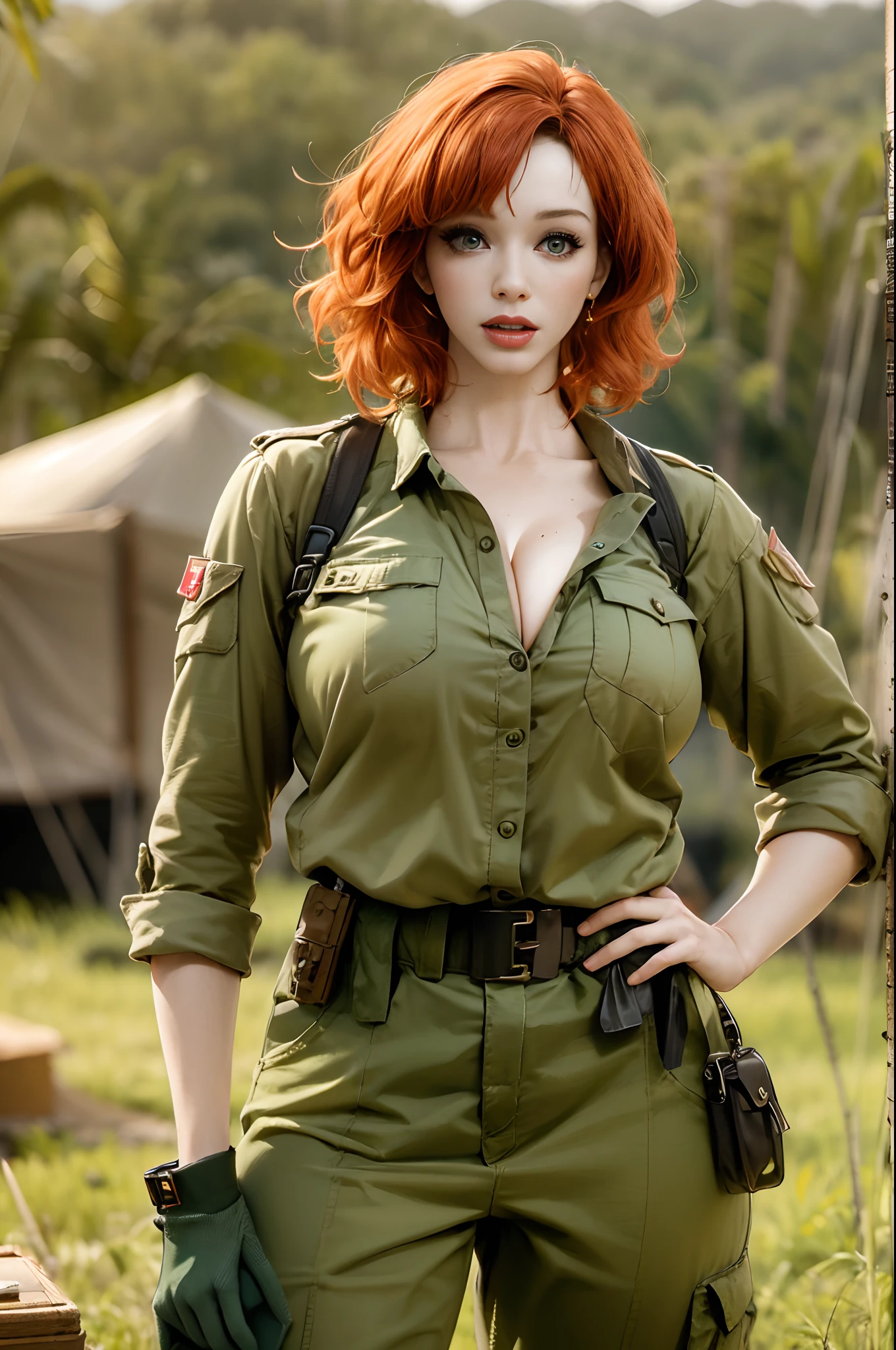 Christina Hendricks, masterpiece quality, realistic, daylight, wearing army fatigues, wearing combat boots, sweaty, on a military base, military tents in background, troops in background, jungle in background, sexy pose, big breasts, (big breasts:1.5), cleavage