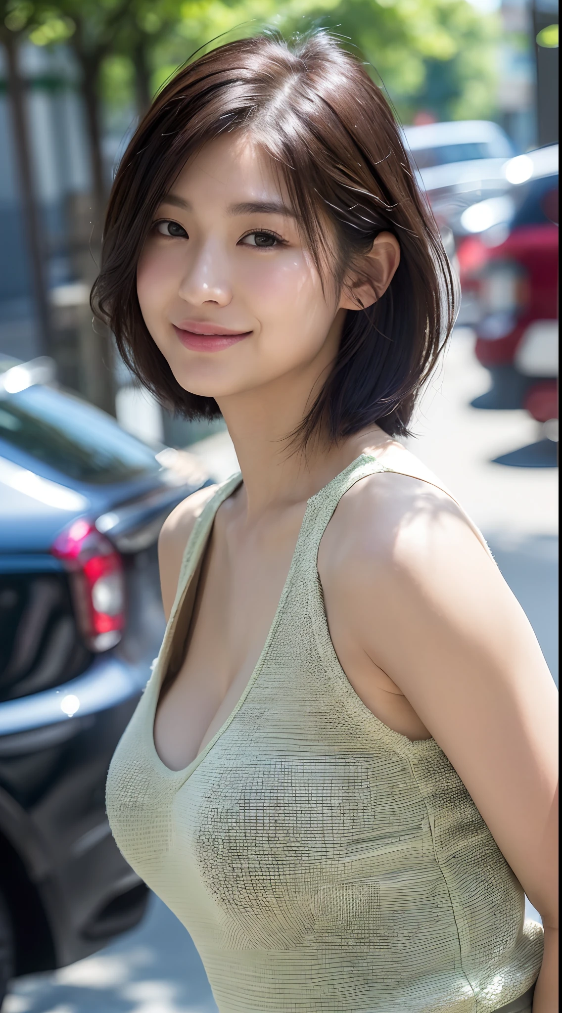 Random posture、mix4、(8K、Raw photography、top-quality、masterpiece:1.2)、(realisitic、Photorealsitic:1.37)、1 daughter、ren、Beautie、Cityscape、Daytime、Professional Lighting、Photon mapping、Radio City、Physically Based Rendering、、Gradient black hair、、short-cut、short curly hair、a handsome、girl with、top quality picture、hight resolution、1080p、(Crisp face)、(Detailed face description)、(Detailed hand description)、(masterpiece)、(Exquisite CG)、extreme light and shadows、Unkempt hair、Works of masters、abundant detail、(Fine facial features)、(top quality picture)、(masterpiece)、(A detailed eye)、Look ahead with your eyes、Fine clavicle、Tank Tops、Colossal tits、Big breasts、full body Esbian、smil