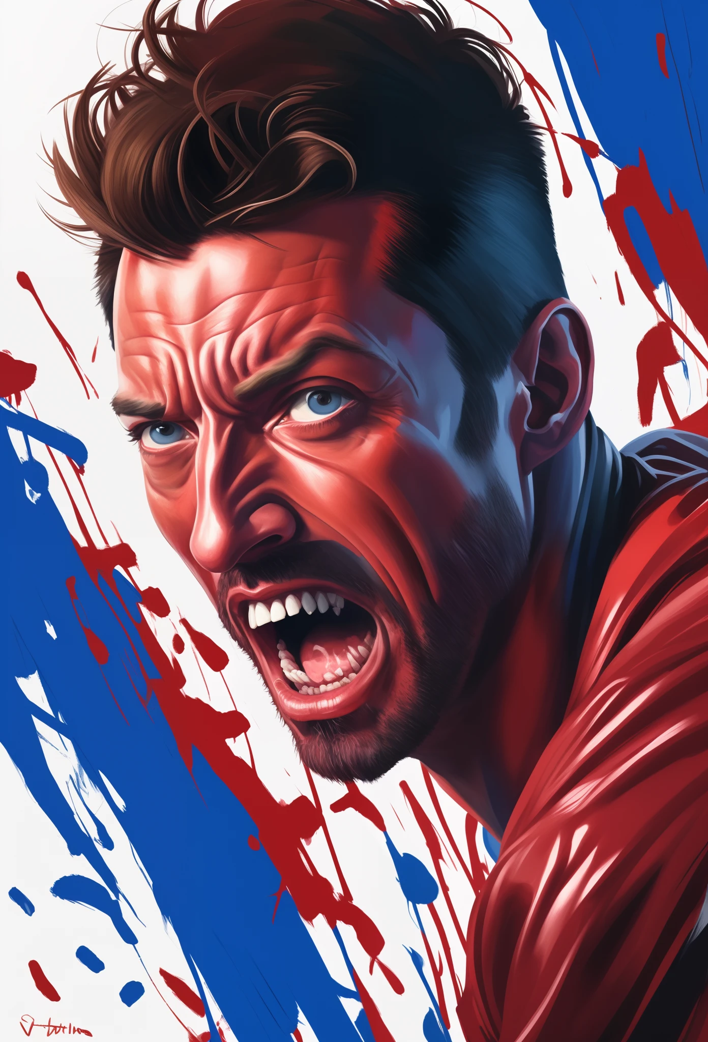 pintura de um homem com o rosto ensanguentado e uma camisa vermelha, raiva. hiper detalhado, Epic portrait illustration, arte colorida do filme, cores vibrantes hiper realismo, fan art, Album art, Arte de Dayer Diego, pintura intensa, retrato hiper detalhe, arte digital pintada, Stefan Koidl inspirado, arte oficial, Retrato de Hugh Jackman, fury art, vermelho azul