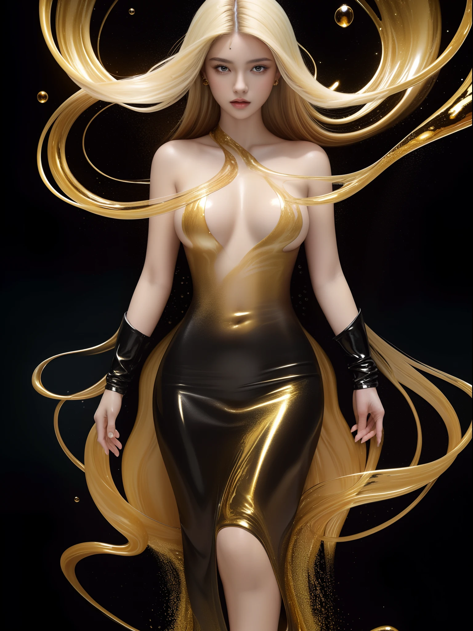 (masterpiece, best quality, official art, beautiful and aesthetic),1 girl stands in black and gold fluid,half naked,looks at viewer,black and gold thick liquid,floating blond long (wet hair),asphalt drops,precise facial structure,Gradient white fluid,organic feel,viscous,shiny gel,bubbles,