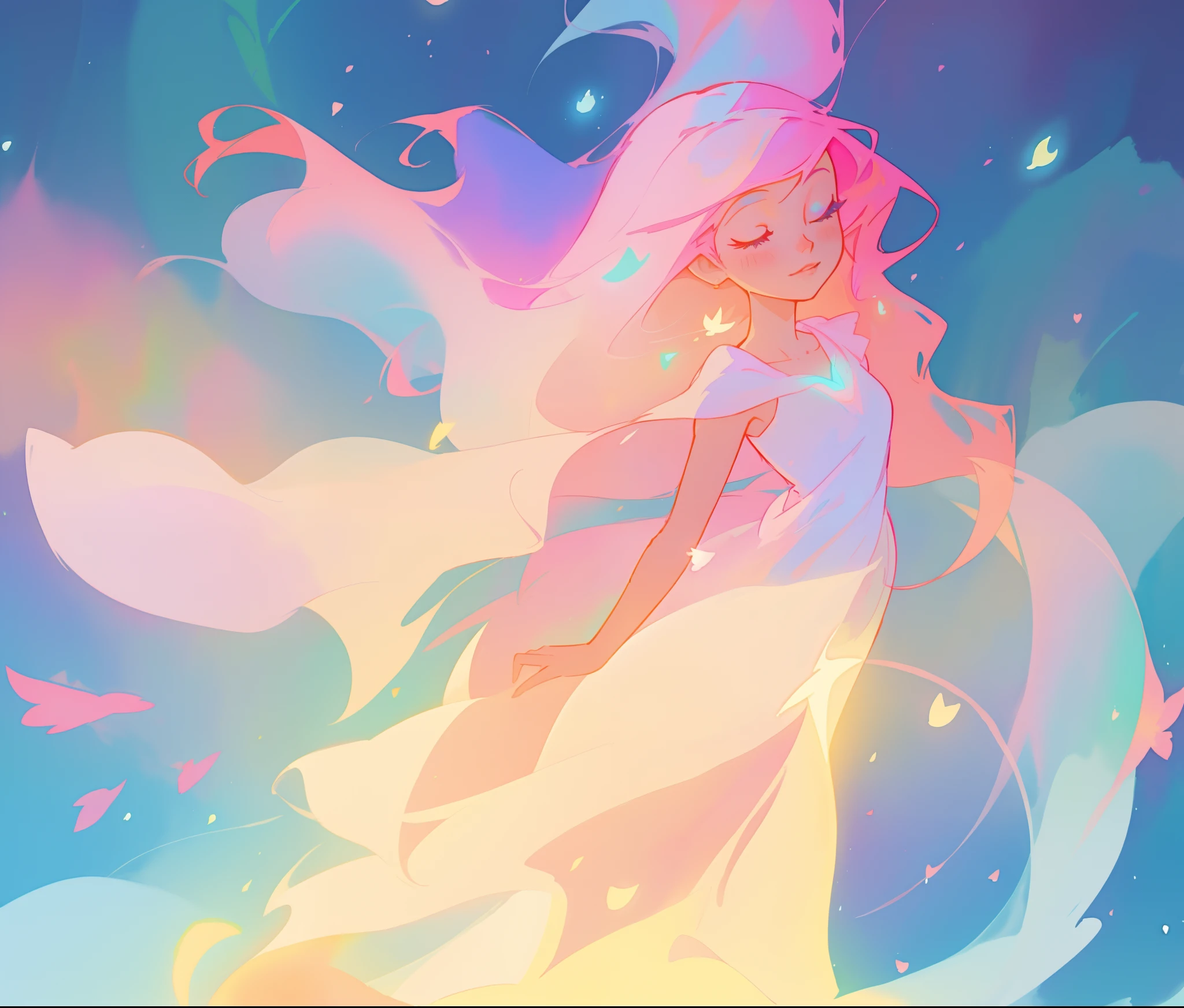beautiful girl in white arabian style dress, long colorful pink hair, watercolor illustration, inspired by Glen Keane, inspired by Lois van Baarle, disney art style, by Lois van Baarle, glowing aura around her, by Glen Keane, jen bartel, glowing lights! digital painting, flowing glowing hair, glowing flowing hair, beautiful digital illustration, fantasia otherworldly landscape plants flowers, beautiful, masterpiece, best quality, anime disney style