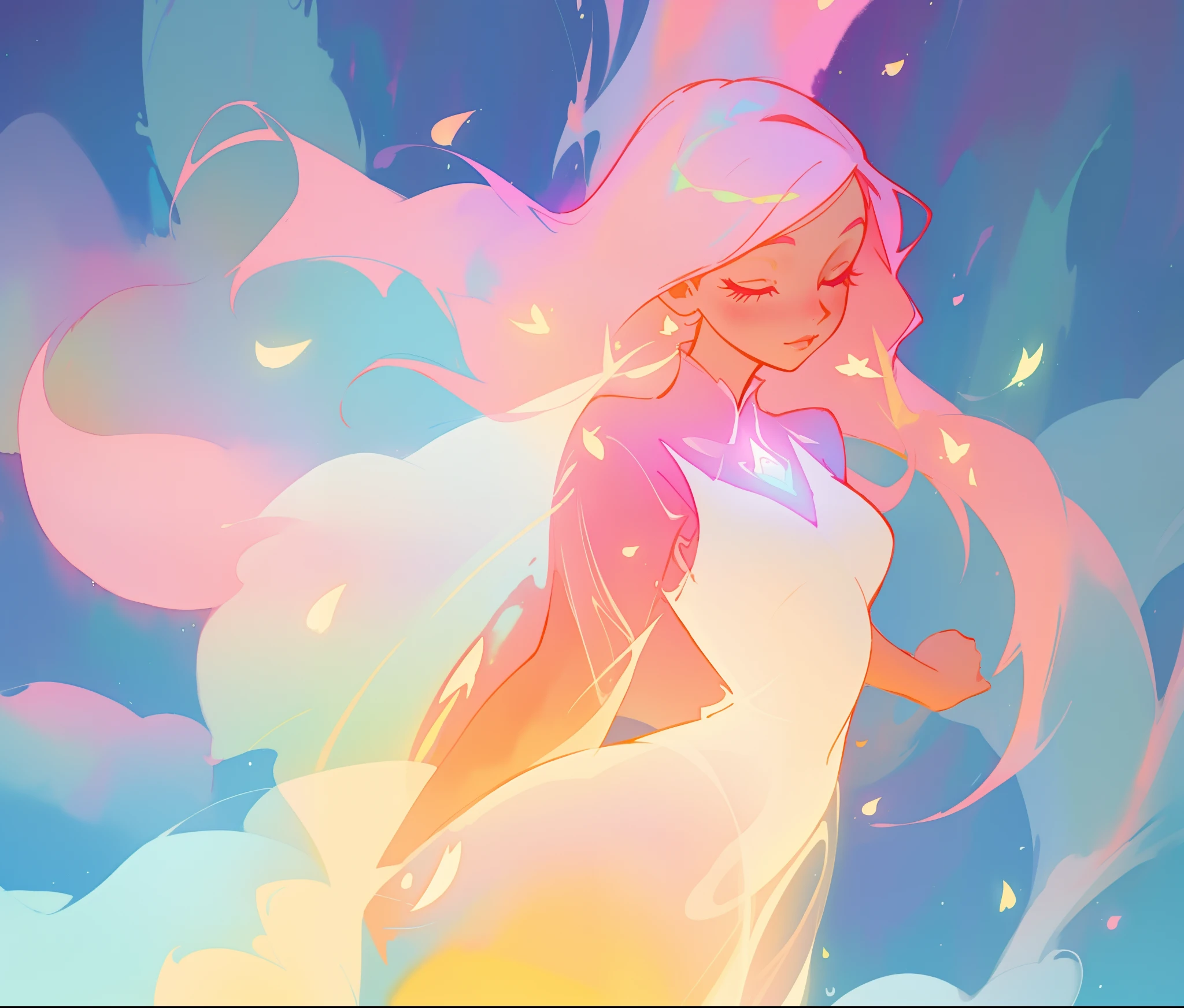 beautiful girl in white arabian style dress, long colorful pink hair, watercolor illustration, inspired by Glen Keane, inspired by Lois van Baarle, disney art style, by Lois van Baarle, glowing aura around her, by Glen Keane, jen bartel, glowing lights! digital painting, flowing glowing hair, glowing flowing hair, beautiful digital illustration, fantasia otherworldly landscape plants flowers, beautiful, masterpiece, best quality, anime disney style