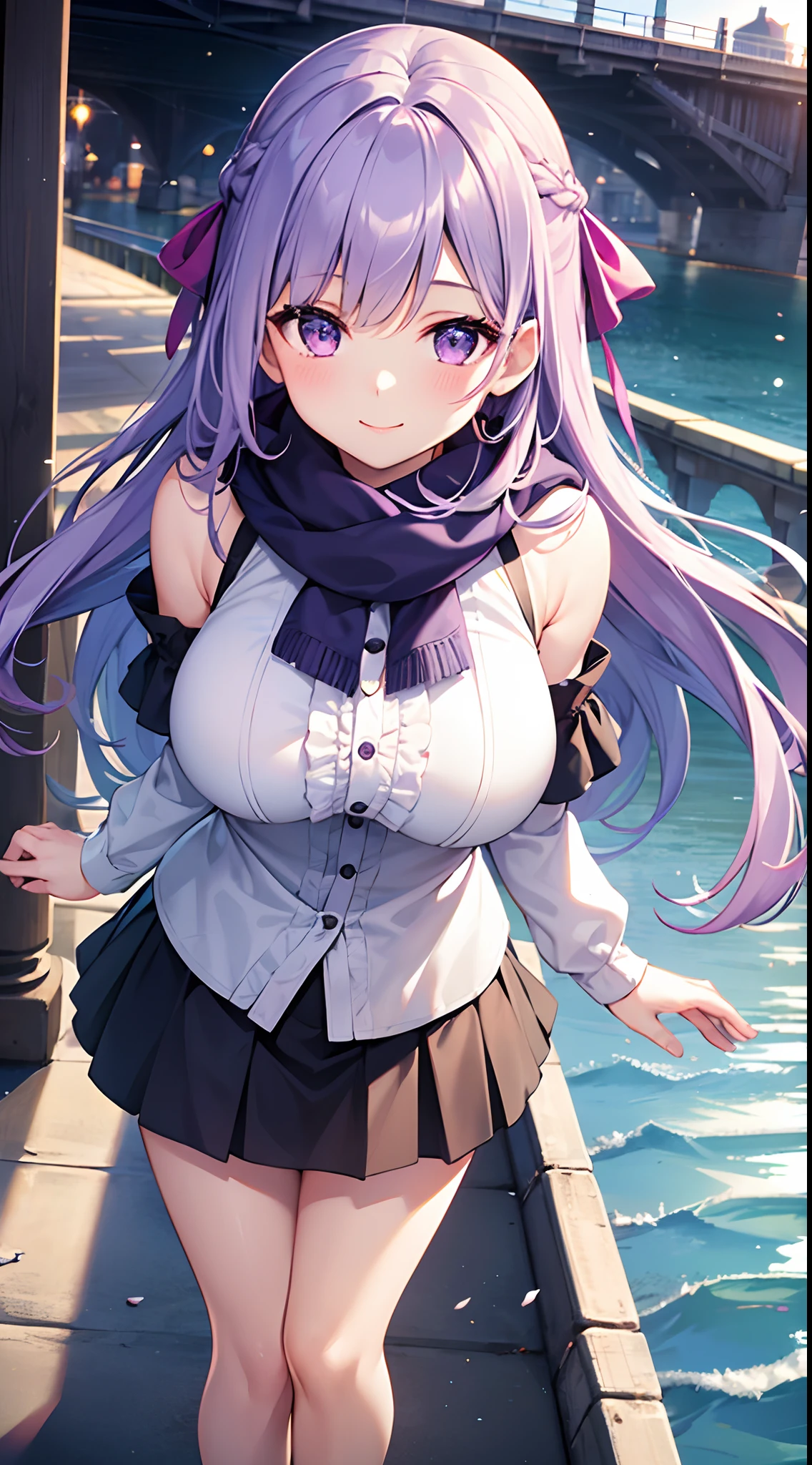 1 girl, game CG, frilled shirt, shoulders visible, short skirt, hair ribbon, winter scarf, gigantic breasts, light purple hair, long hair, french braid, purple eyes, lake, bridge, city, dynamic, smile,