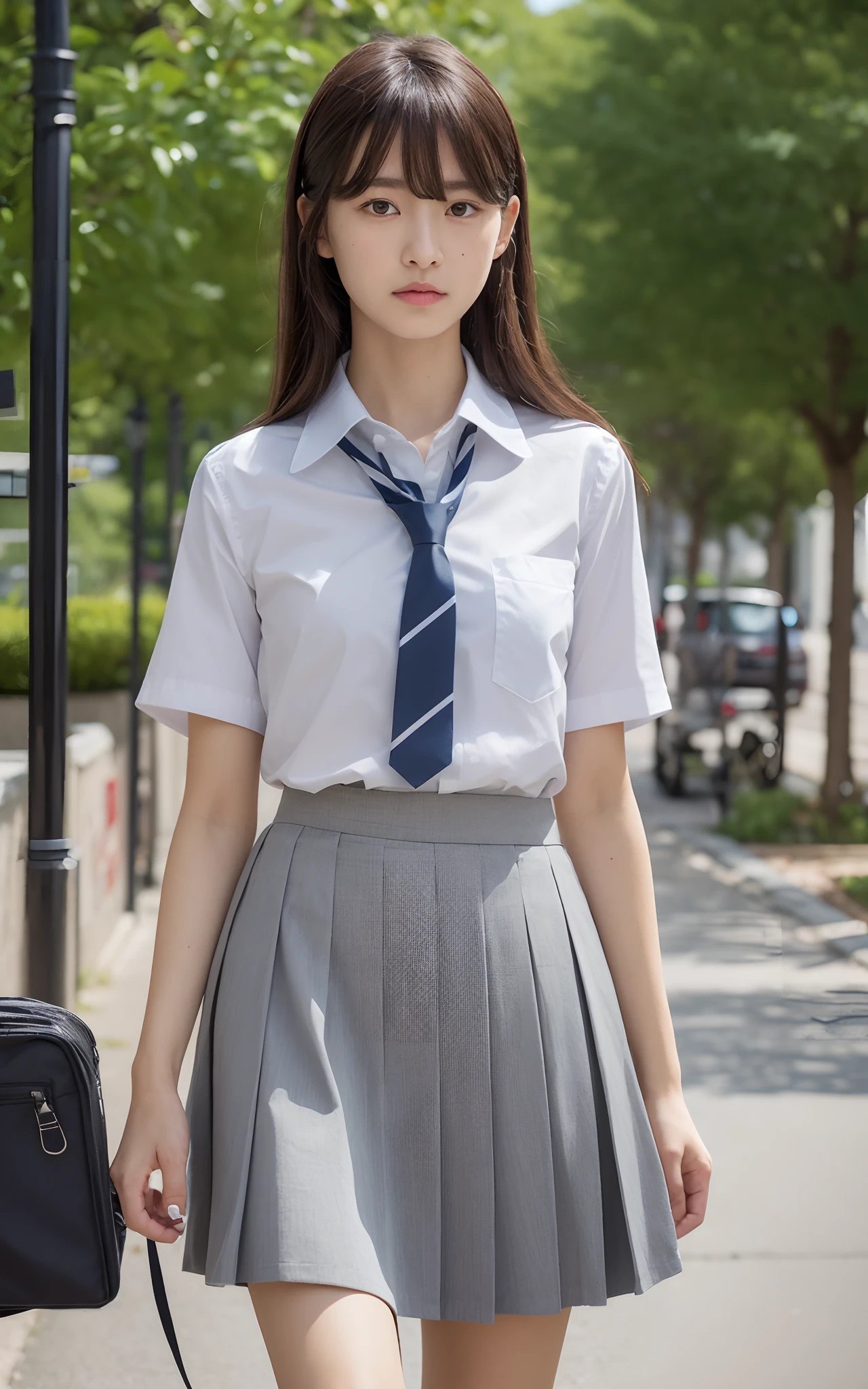 ((of the highest quality, 8K, masutepiece: 1.3)), Beauty, 1日本人の女の子, Dark brown hair, 15 years old, Petite, Blunt bangs, Lower ponytail, Face focus, Detailed face, Very detailed lips, Detailed eyes, Double eyelids, Sweaty skin: 1.2, (((school uniform, White collared shirt, Neck tie, Gray skirt, JK skirt))), bookbag, Large blue bag, Walking, Town, pedestrian walkway,