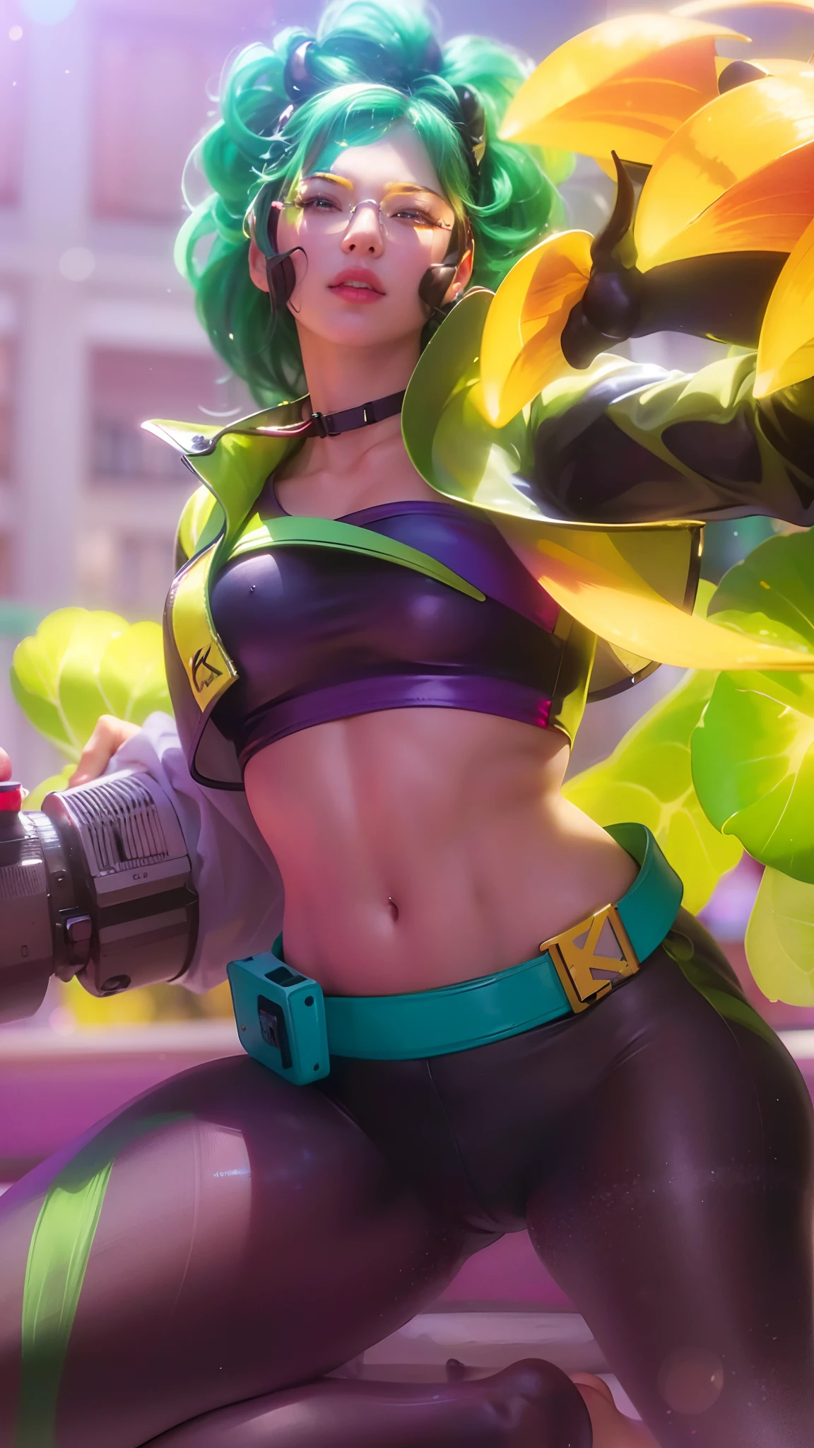 (8k, RAW photo, photorealistic:1.25) ,( lipgloss, eyelashes, gloss-face, glossy skin, best quality, ultra highres, depth of field, chromatic aberration, caustics, Broad lighting, natural shading,) looking at viewer with a serene and goddess-like happiness, wearing glasses
