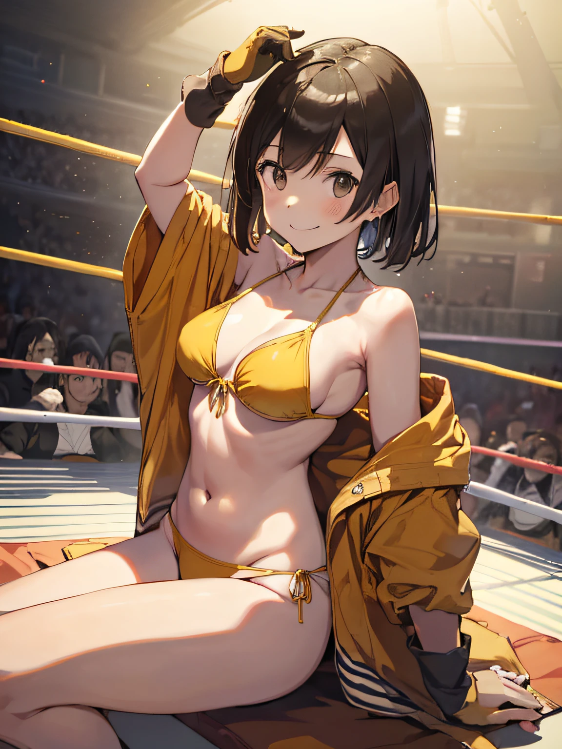 (masutepiece, Best Quality:1.2), Cowboy Shot, Solo, 1girl in, Hiryū, Smile, Looking at Viewer, Yellow Bikini、One side up, , partially fingerless gloves、The background is professional wrestling