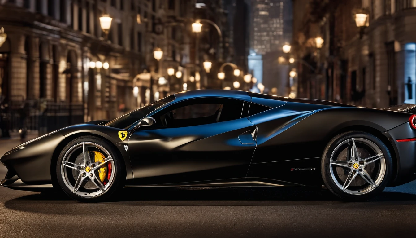 Visualize a stunning scene featuring a highly detailed FXX Ferrari gracefully cruising down the iconic Main Street in downtown NYC. Emphasize the sleek and perfect lines of this high-performance machine, capturing every curve and contour with meticulous precision.

Zoom in on micro-details, such as the reflection of city lights on the polished surface of the car, the intricacies of the Ferrari's aerodynamic features, and the play of shadows accentuating its powerful design. Highlight the fine craftsmanship of the Ferrari, showcasing details like the precision of the wheels, the gleam of the headlights, and the smooth, aerodynamic silhouette.

Set the background in the heart of downtown NYC, with towering skyscrapers lining the Main Street. Capture the vibrant urban atmosphere, with city lights reflecting off the car's exterior, creating a visually captivating and dynamic scene. Consider the traffic and city life surrounding the Ferrari, adding depth and context to the high-speed elegance of the car.

This detailed prompt aims to inspire a highly detailed and visually striking depiction of a FXX Ferrari cruising down Main Street in downtown NYC, focusing on perfect lines, micro-details, and the electrifying energy of the urban environment.