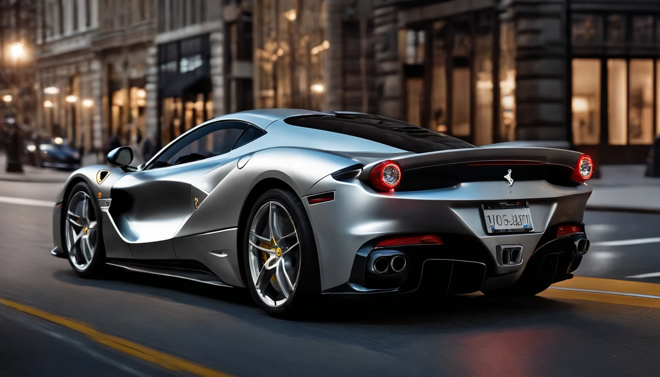 Visualize a stunning scene featuring a highly detailed FXX Ferrari gracefully cruising down the iconic Main Street in downtown NYC. Emphasize the sleek and perfect lines of this high-performance machine, capturing every curve and contour with meticulous precision.

Zoom in on micro-details, such as the reflection of city lights on the polished surface of the car, the intricacies of the Ferrari's aerodynamic features, and the play of shadows accentuating its powerful design. Highlight the fine craftsmanship of the Ferrari, showcasing details like the precision of the wheels, the gleam of the headlights, and the smooth, aerodynamic silhouette.

Set the background in the heart of downtown NYC, with towering skyscrapers lining the Main Street. Capture the vibrant urban atmosphere, with city lights reflecting off the car's exterior, creating a visually captivating and dynamic scene. Consider the traffic and city life surrounding the Ferrari, adding depth and context to the high-speed elegance of the car.

This detailed prompt aims to inspire a highly detailed and visually striking depiction of a FXX Ferrari cruising down Main Street in downtown NYC, focusing on perfect lines, micro-details, and the electrifying energy of the urban environment.