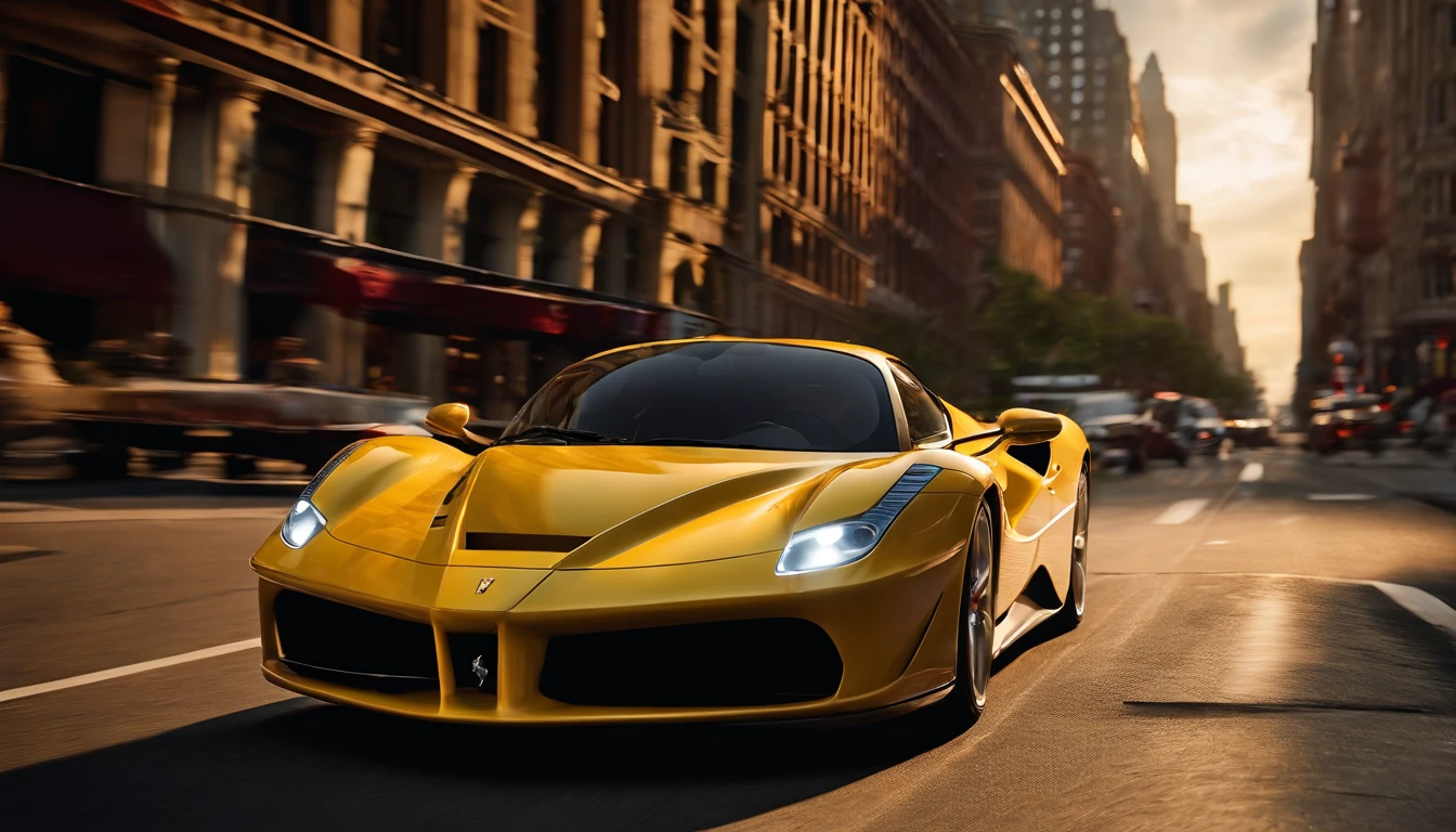 Visualize a stunning scene featuring a highly detailed FXX Ferrari gracefully cruising down the iconic Main Street in downtown NYC. Emphasize the sleek and perfect lines of this high-performance machine, capturing every curve and contour with meticulous precision.

Zoom in on micro-details, such as the reflection of city lights on the polished surface of the car, the intricacies of the Ferrari's aerodynamic features, and the play of shadows accentuating its powerful design. Highlight the fine craftsmanship of the Ferrari, showcasing details like the precision of the wheels, the gleam of the headlights, and the smooth, aerodynamic silhouette.

Set the background in the heart of downtown NYC, with towering skyscrapers lining the Main Street. Capture the vibrant urban atmosphere, with city lights reflecting off the car's exterior, creating a visually captivating and dynamic scene. Consider the traffic and city life surrounding the Ferrari, adding depth and context to the high-speed elegance of the car.

This detailed prompt aims to inspire a highly detailed and visually striking depiction of a FXX Ferrari cruising down Main Street in downtown NYC, focusing on perfect lines, micro-details, and the electrifying energy of the urban environment.