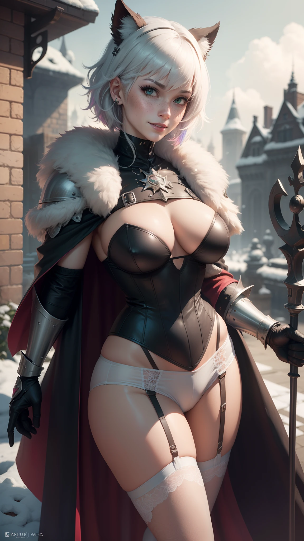 gwen tennyson,y'shtola rhul,yorha 2b, tracer,nier automata,arknights,close up,mecha pilot,snow garden,tattoos,blue and pink plugsuit,white short sleeve fishnet top,victorian lycra micro shorts,white garter belt,knight corset,short hair,punk makeup,green eyes,multicolored silver hair,sexy smile, freckles,beautiful girl,large breasts, 8k,ultra detailed,realistic,fantasy art, fur armor,steel armor,royal knight uniform,fur cape,ear piercings,hair pin,saiyan girl, saiyan female,knight helmet,castle flags,knight scepter,