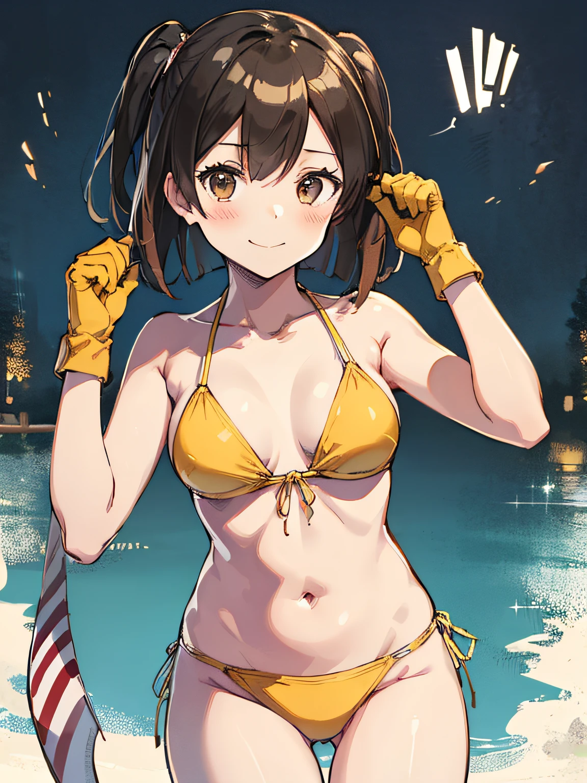 (masutepiece, Best Quality:1.2), Cowboy Shot, Solo, 1girl in, Hiryū, Smile, Looking at Viewer, Yellow Bikini、One side up, , partially fingerless gloves、The background is professional wrestling