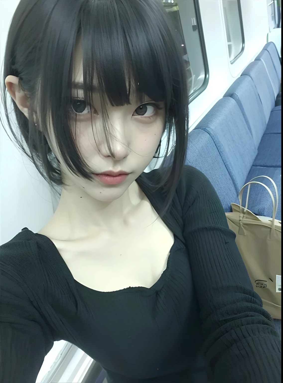 Mulher com cabelo preto e franja sentada em um trem, preto hime corte cabelo, Ulzzang, Sui Ishida com cabelo preto, Menina anime na vida real, Ela tem cabelo preto com franja, menina bonito-fino-cara, Chiho, O corte Hime, com cabelos curtos, shinsui ito, branco hime corte penteado